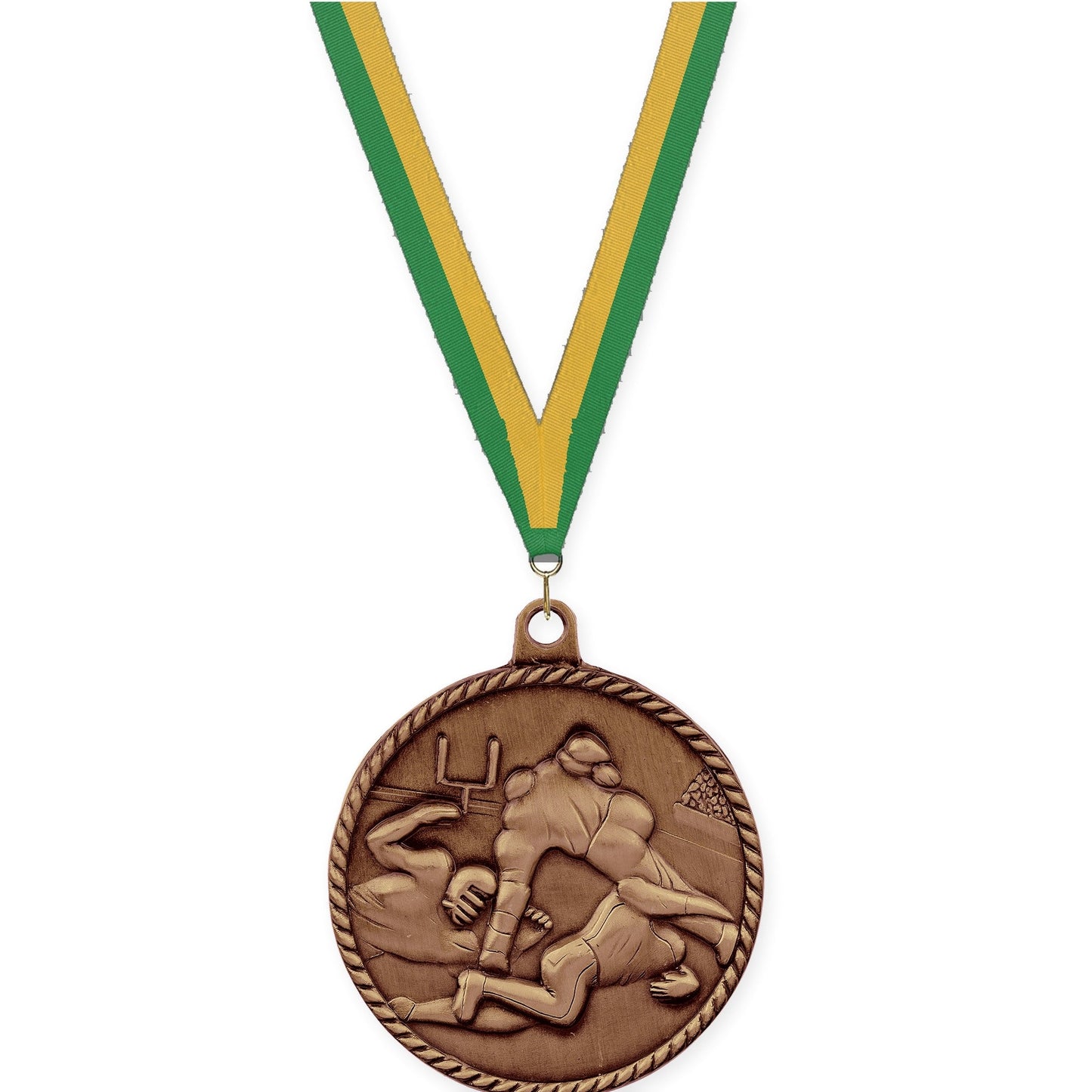 2 inch football High Relief medal in antique bronze with Green Gold neck ribbon