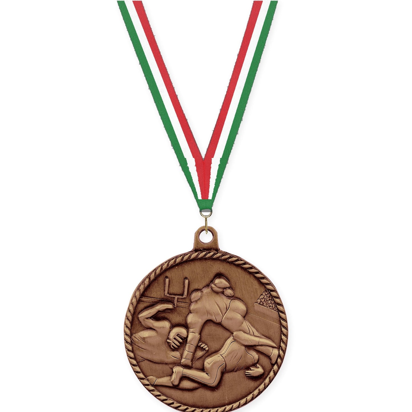 2 inch football High Relief medal in antique bronze with Green White Red neck ribbon