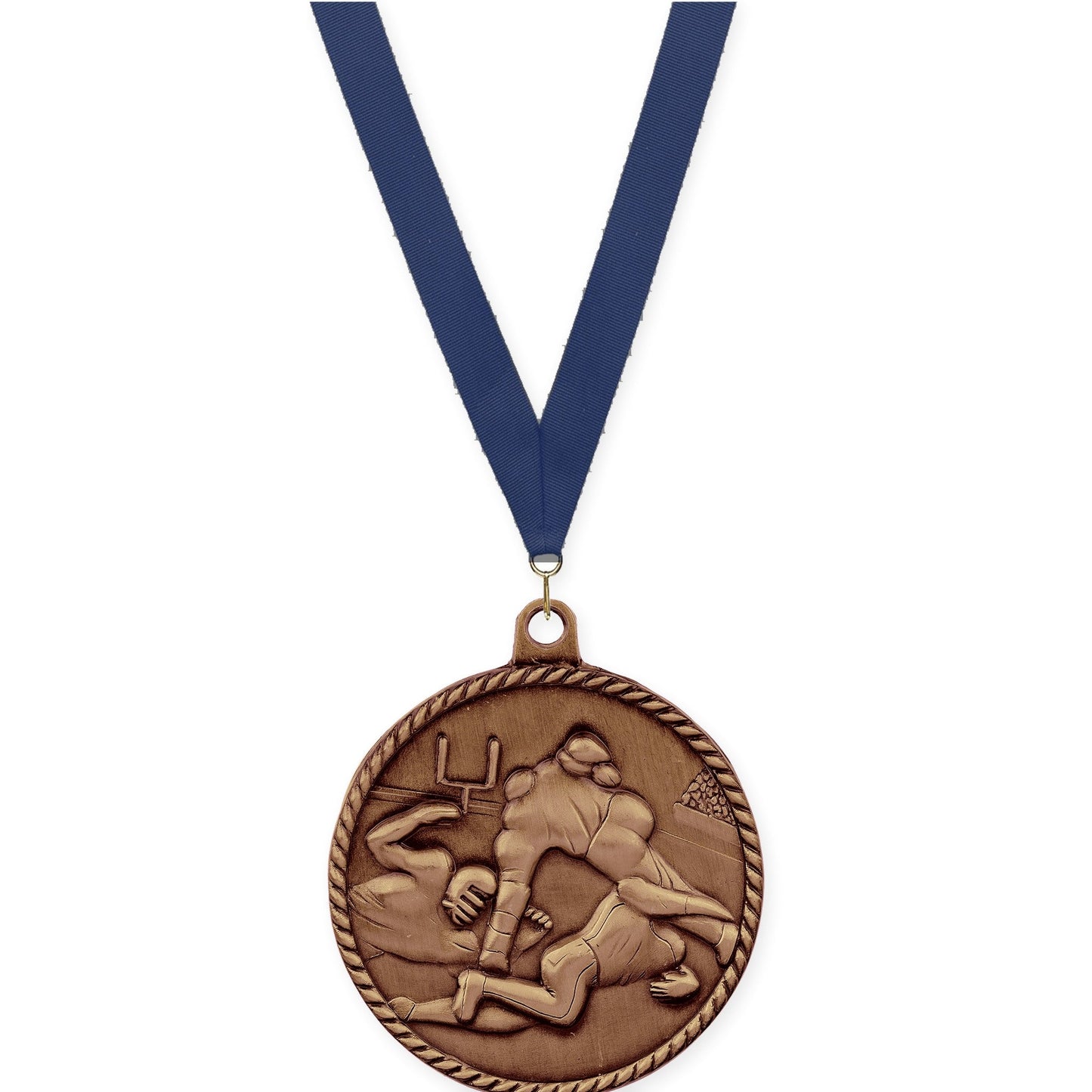 2 inch football High Relief medal in antique bronze with Navy neck ribbon