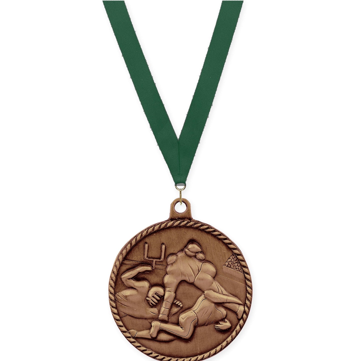 2 inch football High Relief medal in antique bronze with Hunter Green neck ribbon
