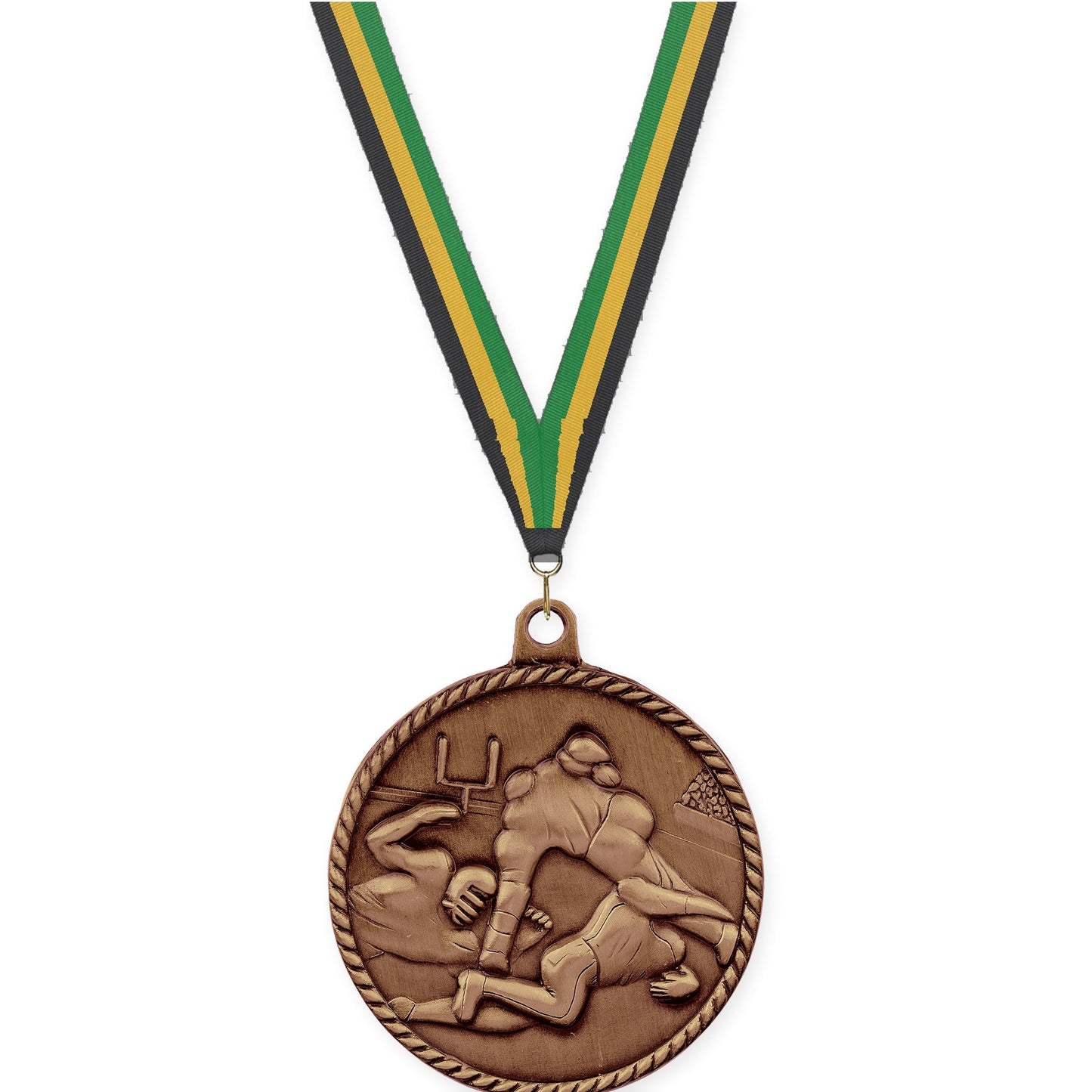 2 inch football High Relief medal in antique bronze with Black Gold Green neck ribbon