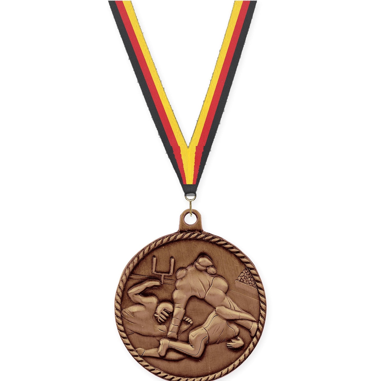 2 inch football High Relief medal in antique bronze with Black Red Yellow neck ribbon