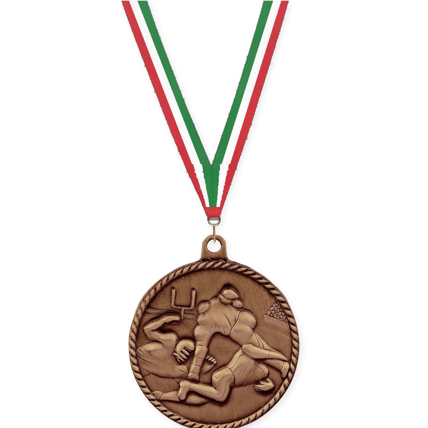 2 inch football High Relief medal in antique bronze with Red White Green neck ribbon