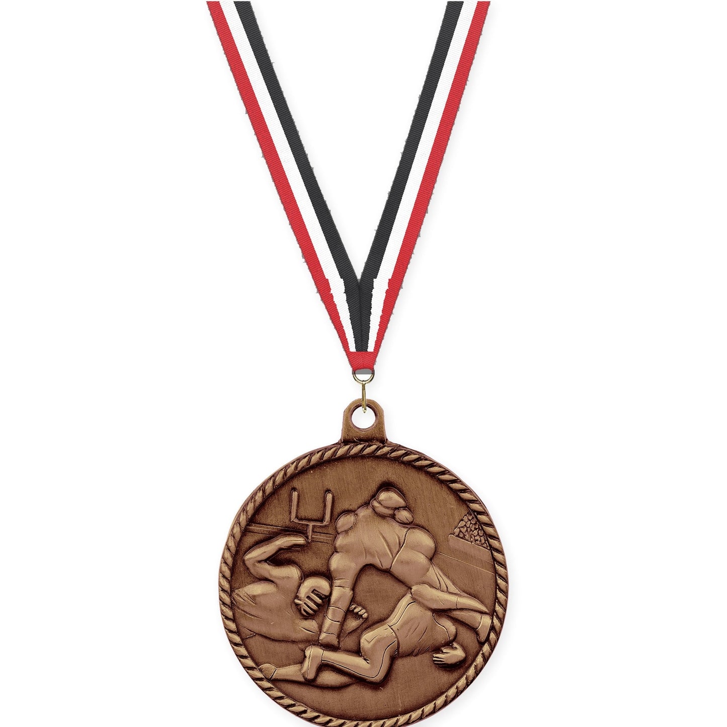 2 inch football High Relief medal in antique bronze with Red White Black neck ribbon