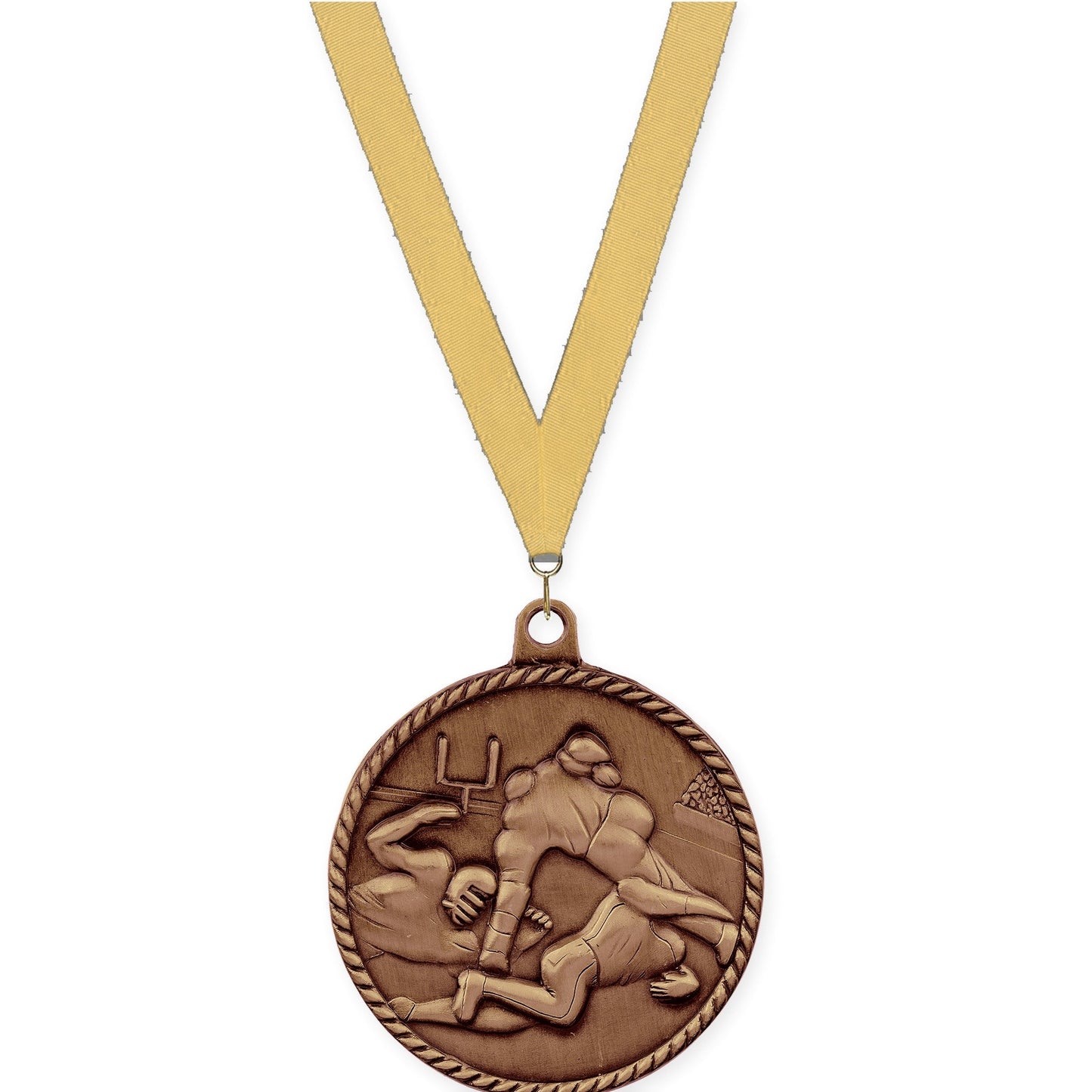 2 inch football High Relief medal in antique bronze with Gold Metallic neck ribbon