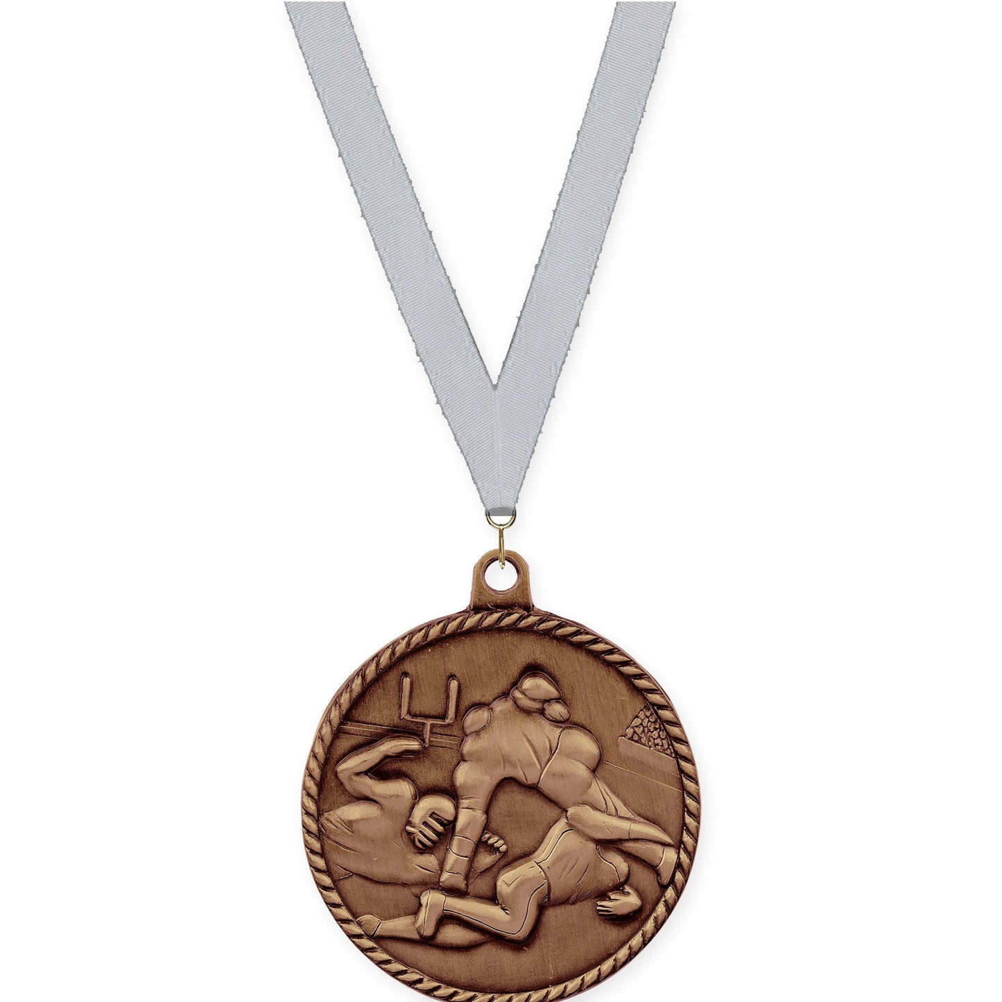 2 inch football High Relief medal in antique bronze with Silver Metallic neck ribbon
