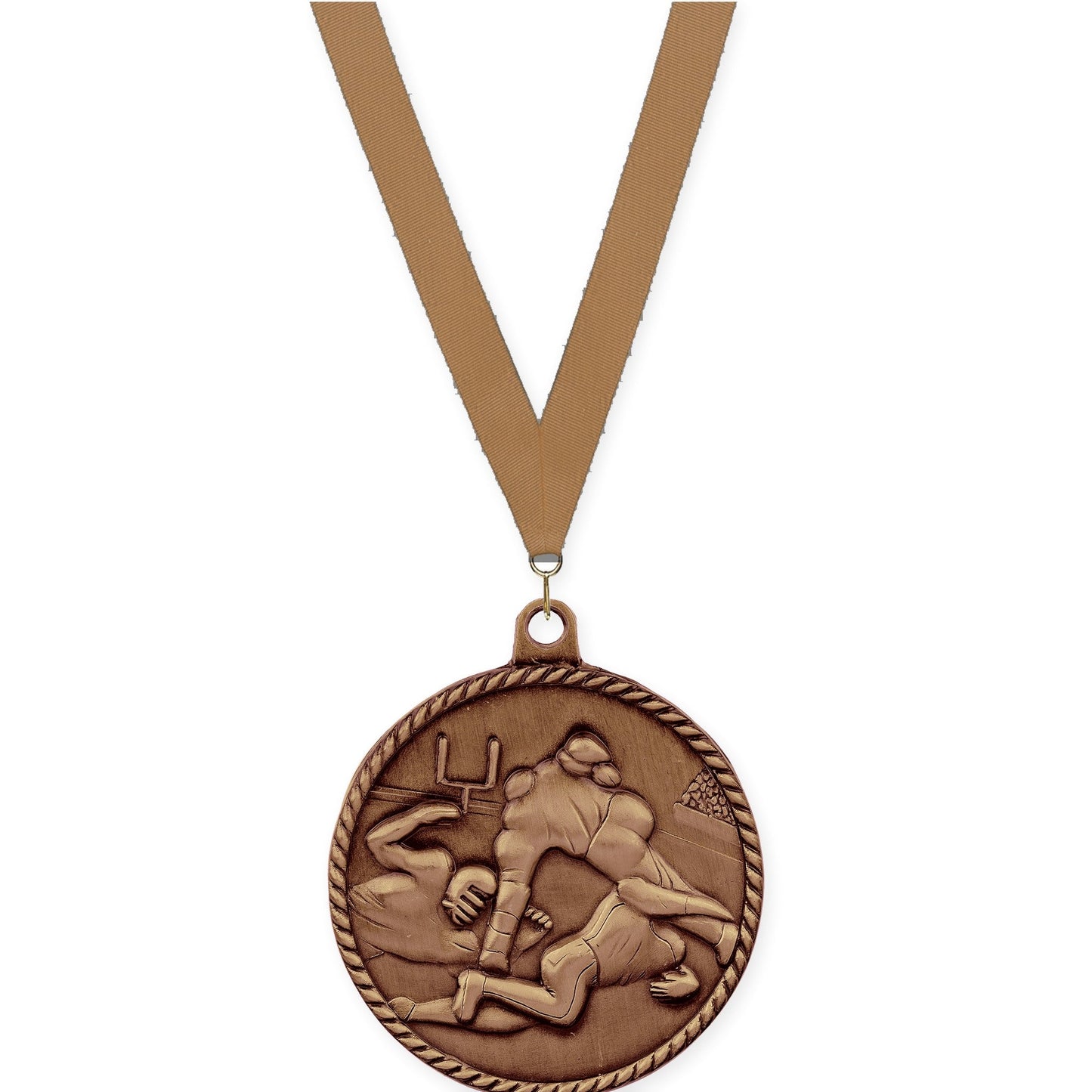 2 inch football High Relief medal in antique bronze with Bronze Metallic neck ribbon