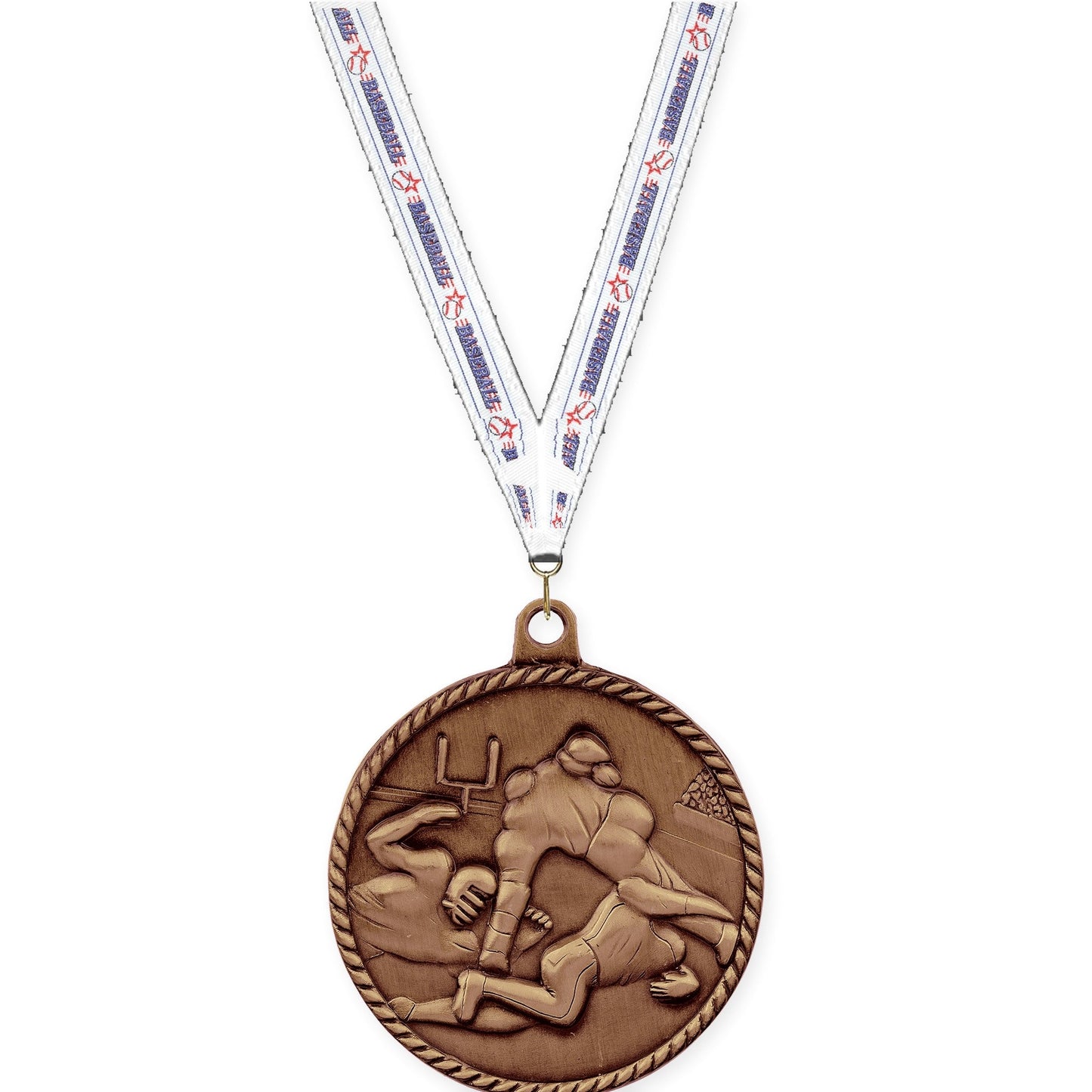 2 inch football High Relief medal in antique bronze with Baseball neck ribbon