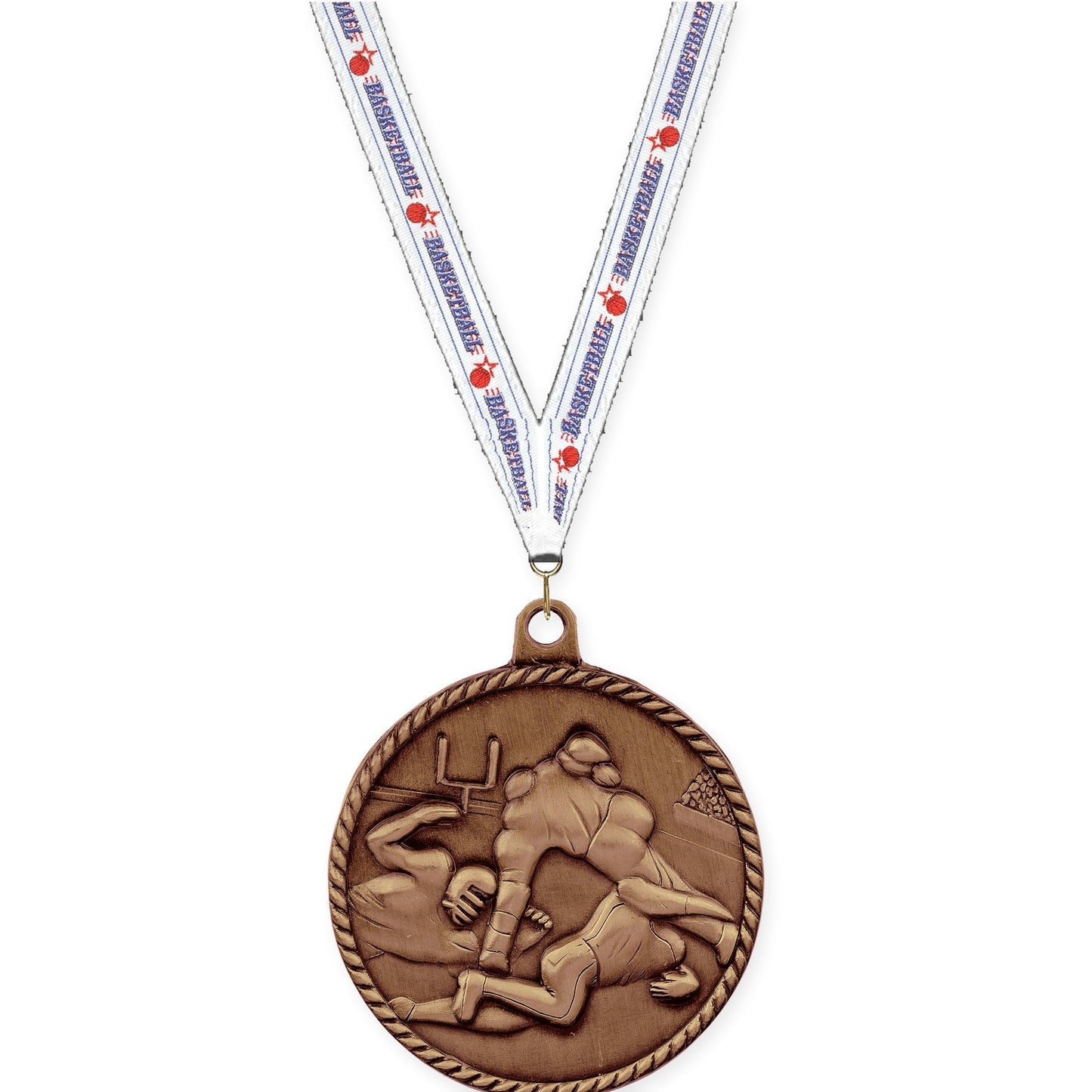 2 inch football High Relief medal in antique bronze with Basketball neck ribbon