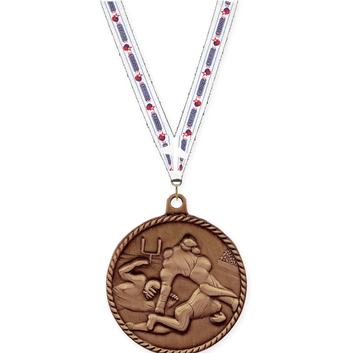 2 inch football High Relief medal in antique bronze with Cheerleading neck ribbon
