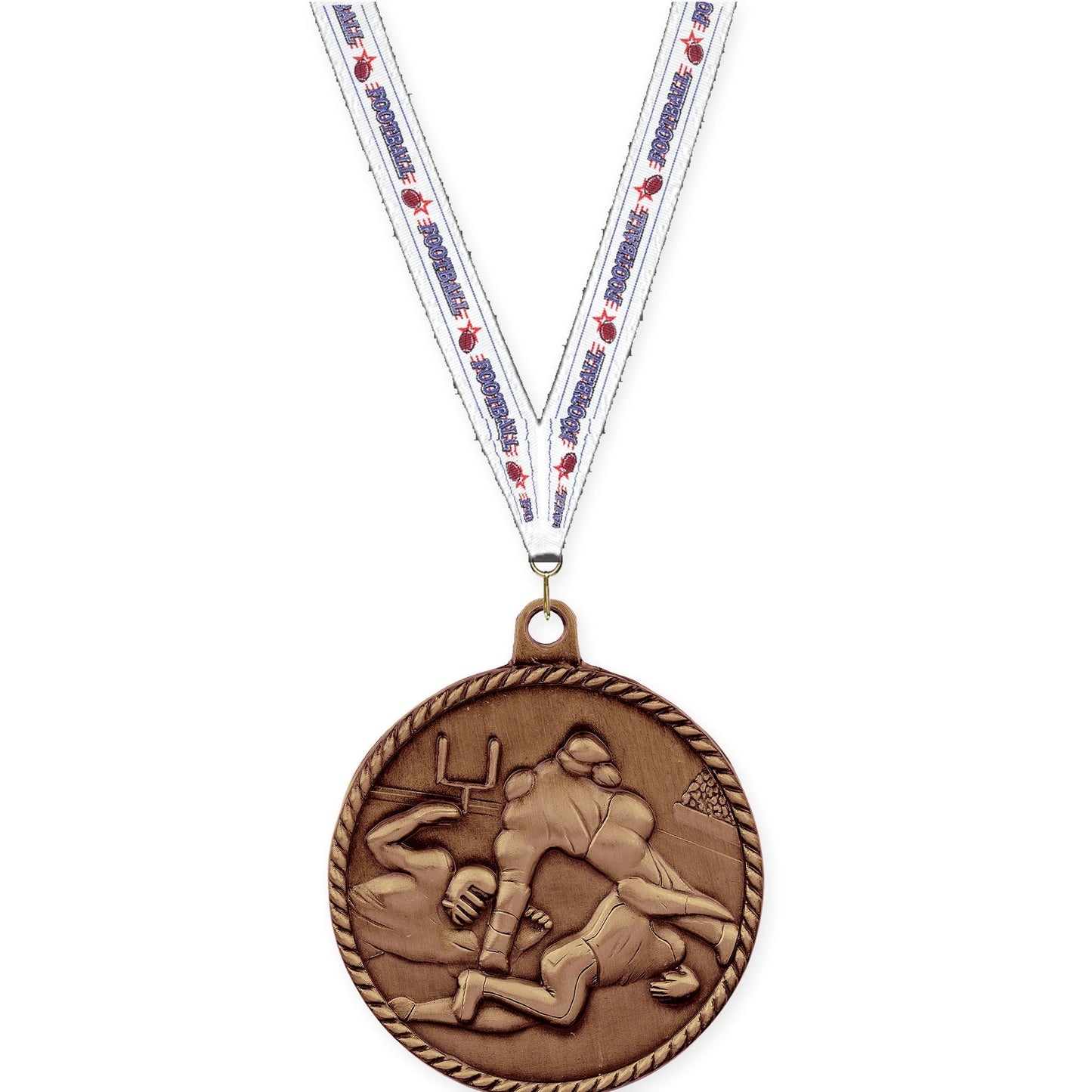 2 inch football High Relief medal in antique bronze with Football neck ribbon