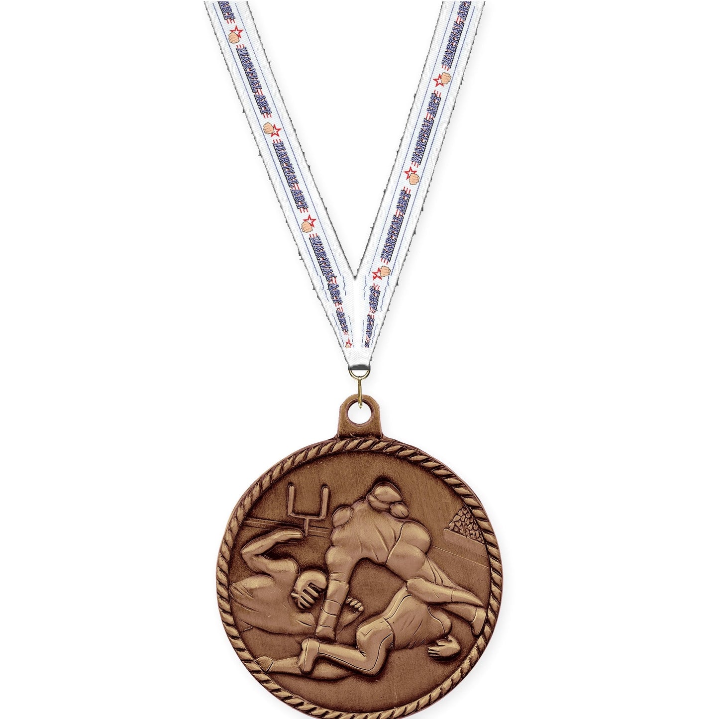 2 inch football High Relief medal in antique bronze with Martial Arts neck ribbon