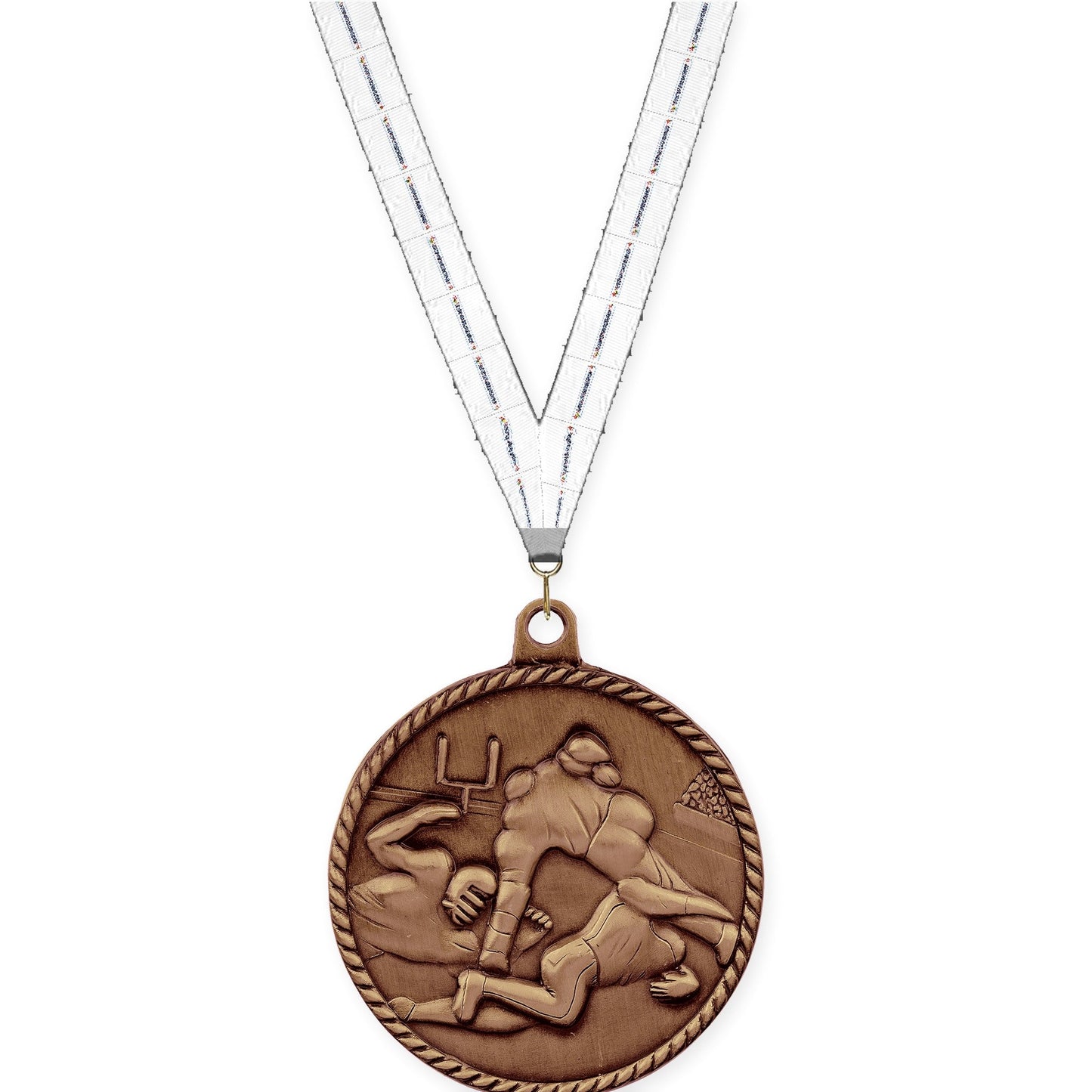 2 inch football High Relief medal in antique bronze with Lamp Of Knowledge neck ribbon