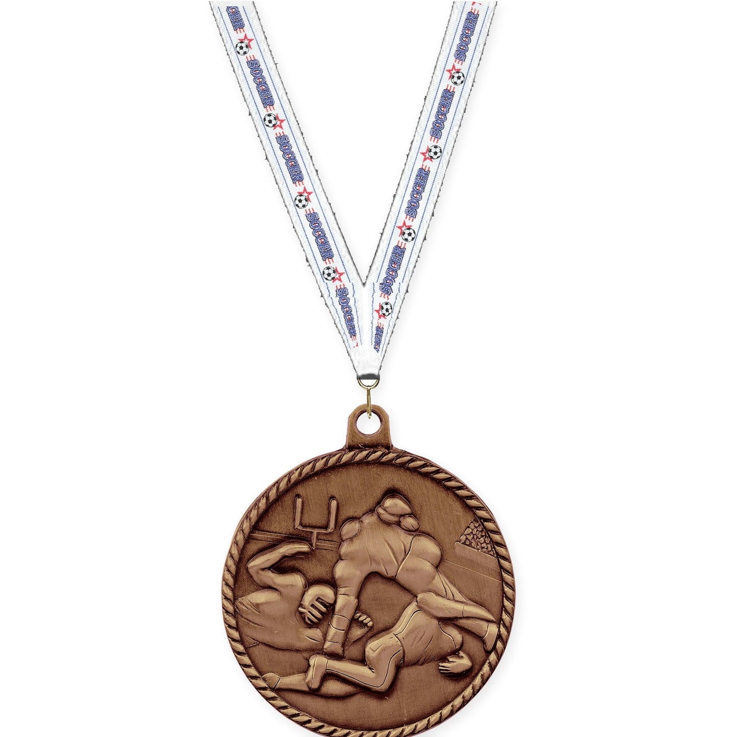 2 inch football High Relief medal in antique bronze with Soccer neck ribbon