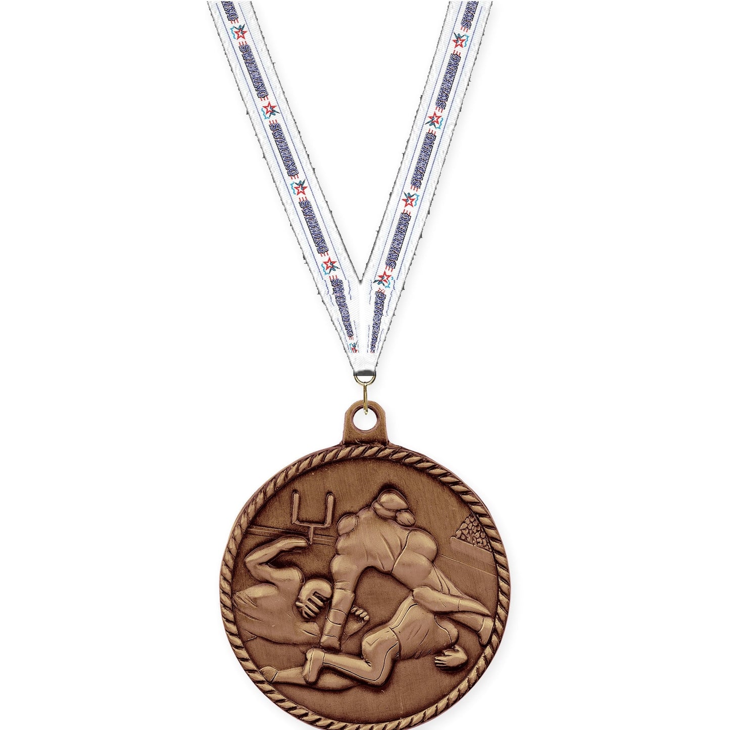2 inch football High Relief medal in antique bronze with Swimming neck ribbon