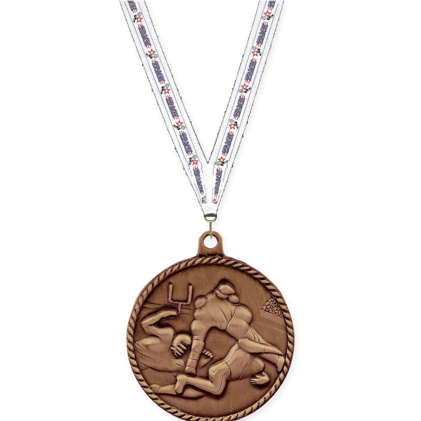 2 inch football High Relief medal in antique bronze with Track neck ribbon
