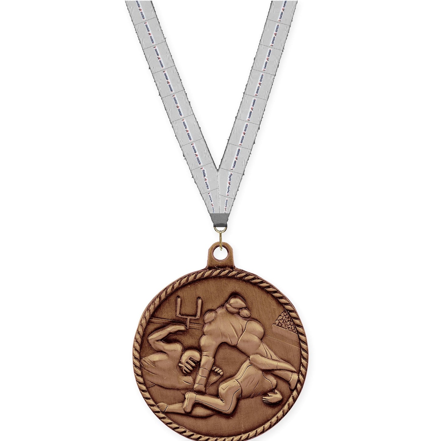 2 inch football High Relief medal in antique bronze with Auto Racing neck ribbon