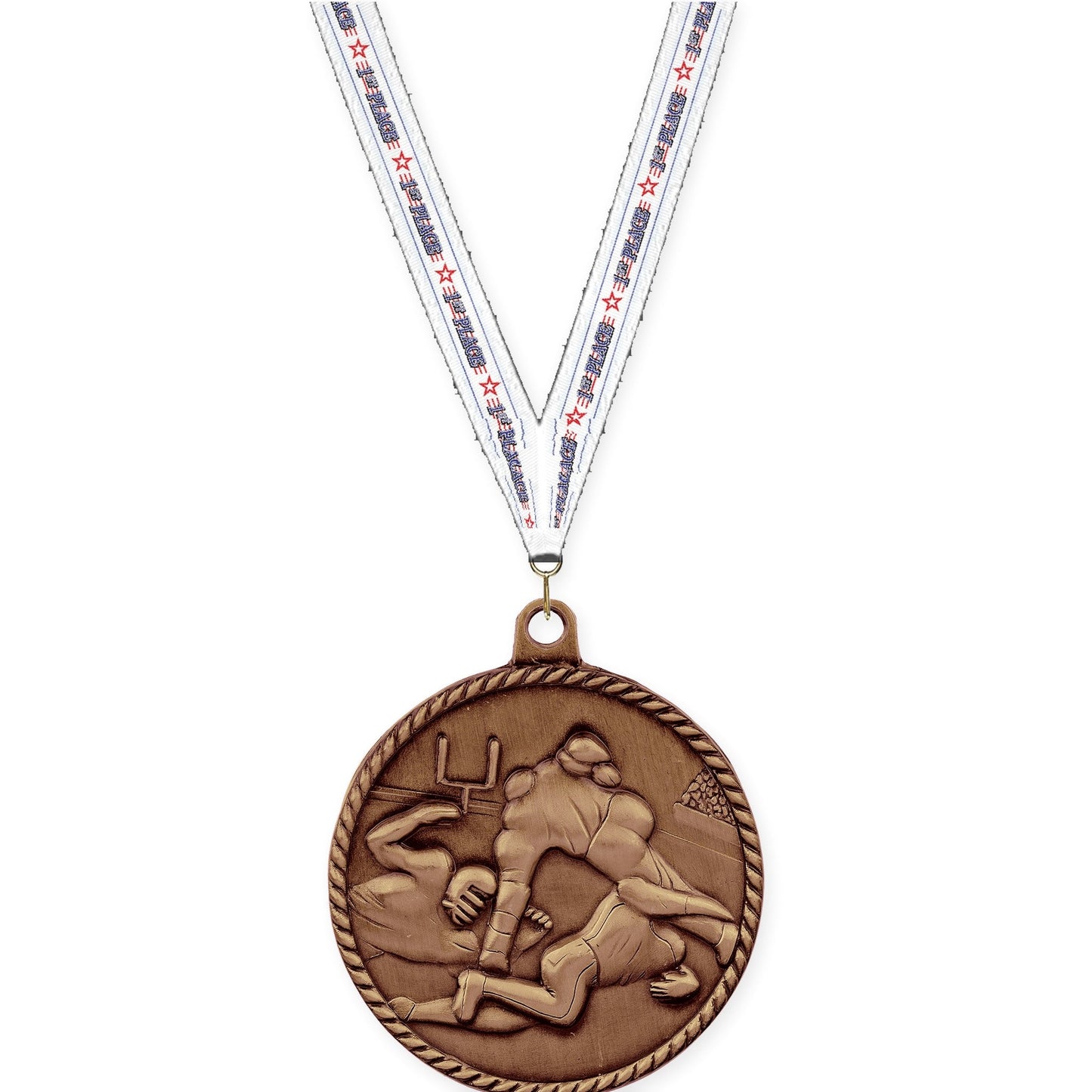 2 inch football High Relief medal in antique bronze with 1st Place neck ribbon