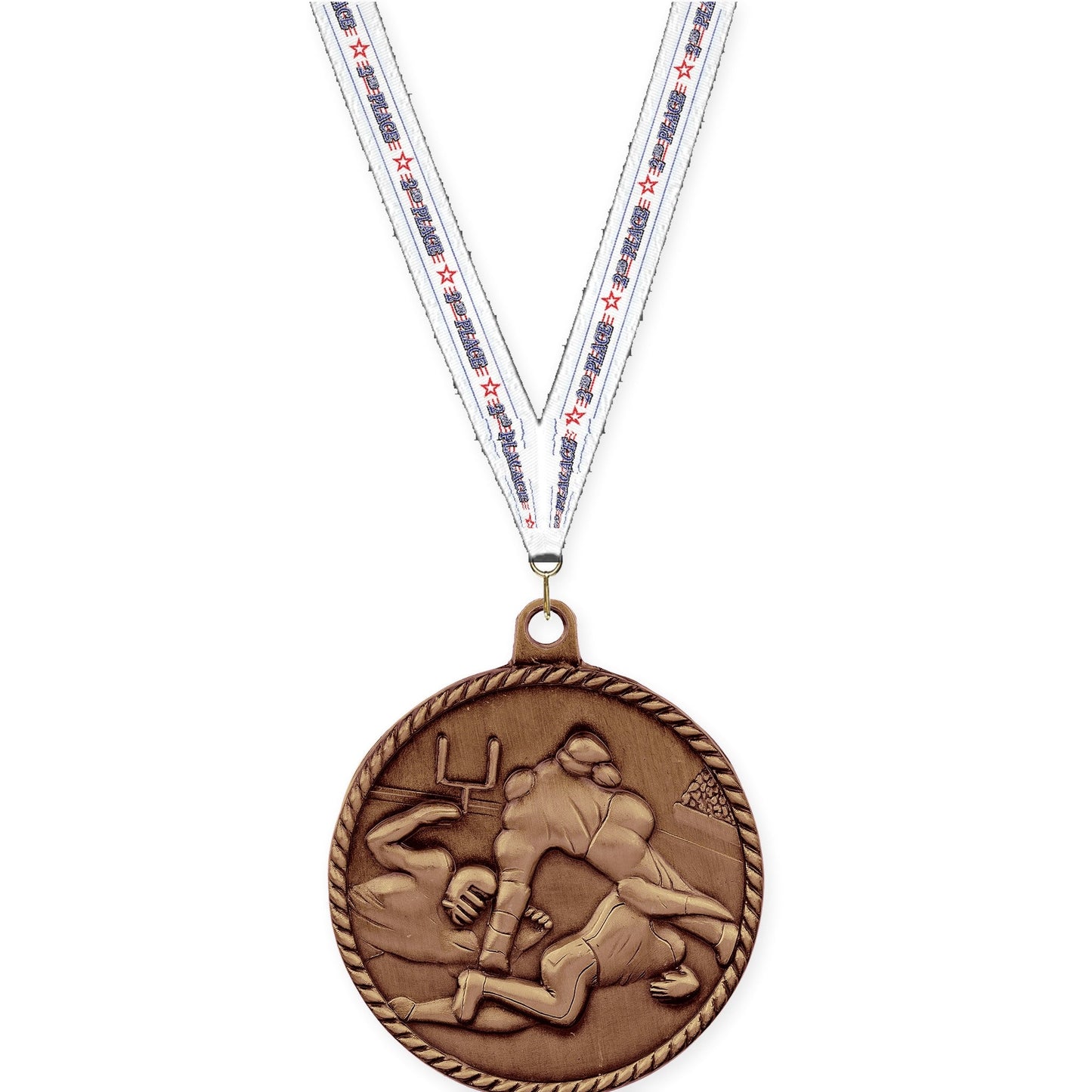 2 inch football High Relief medal in antique bronze with 2nd Place neck ribbon