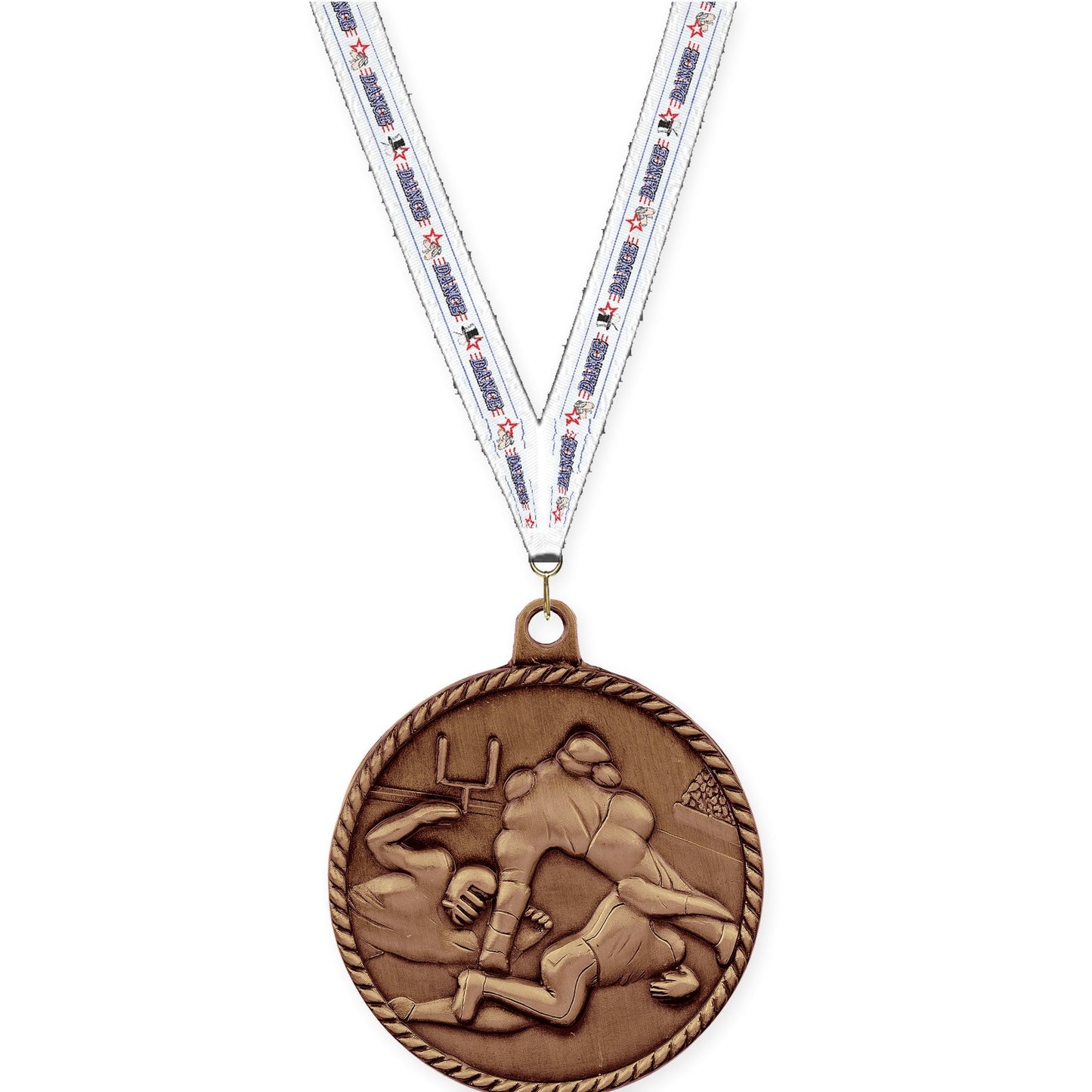 2 inch football High Relief medal in antique bronze with Dance neck ribbon