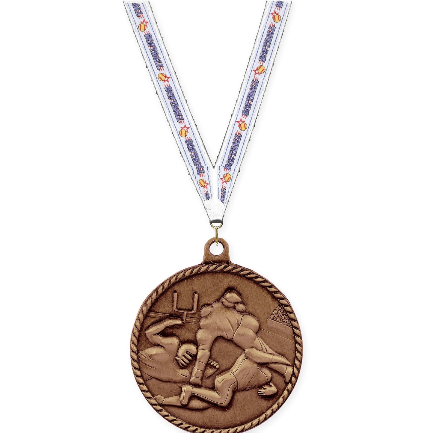 2 inch football High Relief medal in antique bronze with Softball neck ribbon