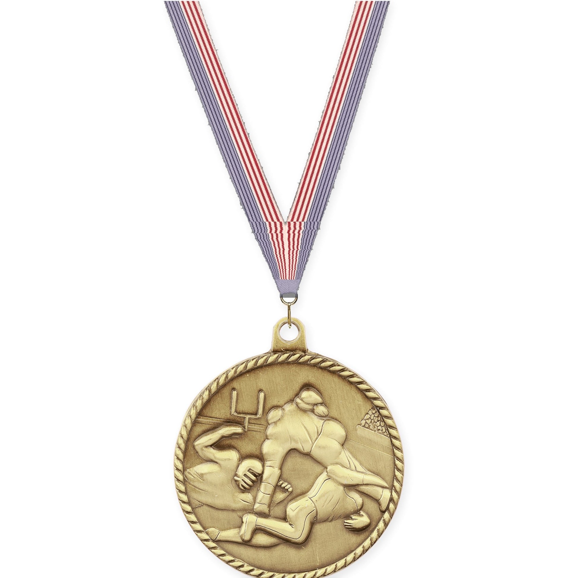 2 inch football High Relief medal in bright gold with USA Flag neck ribbon