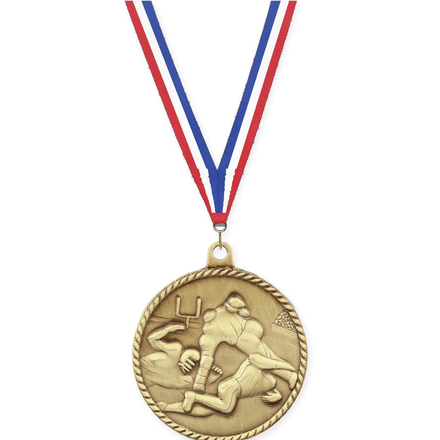 2 inch football High Relief medal in bright gold with Red White Blue neck ribbon
