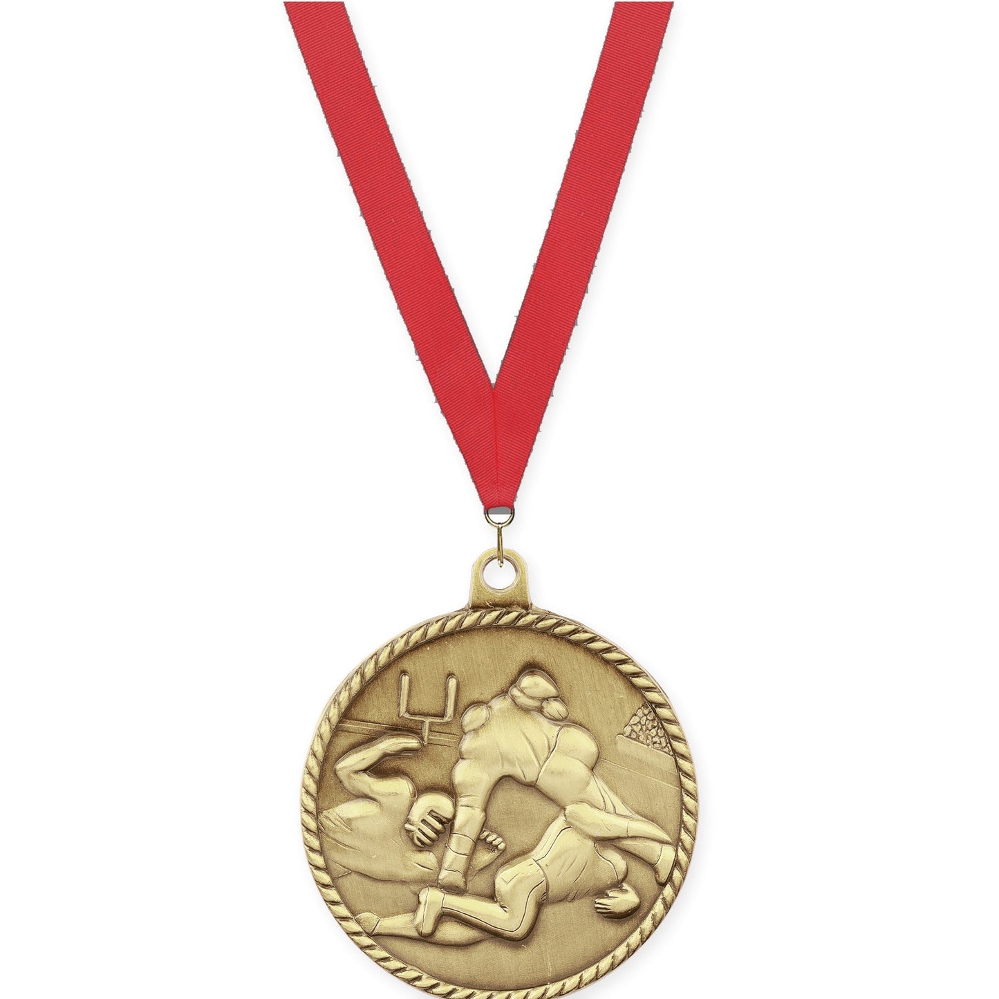 2 inch football High Relief medal in bright gold with Red neck ribbon