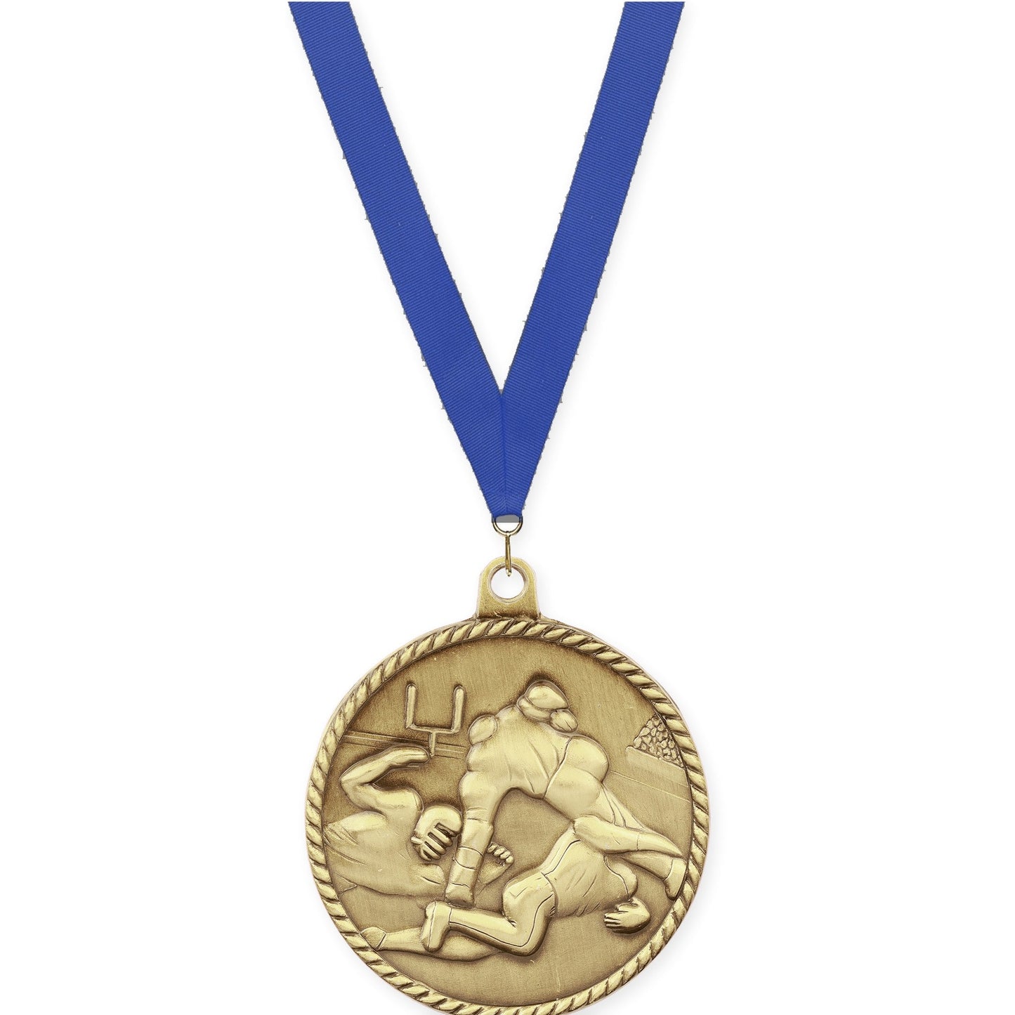 2 inch football High Relief medal in bright gold with Blue neck ribbon