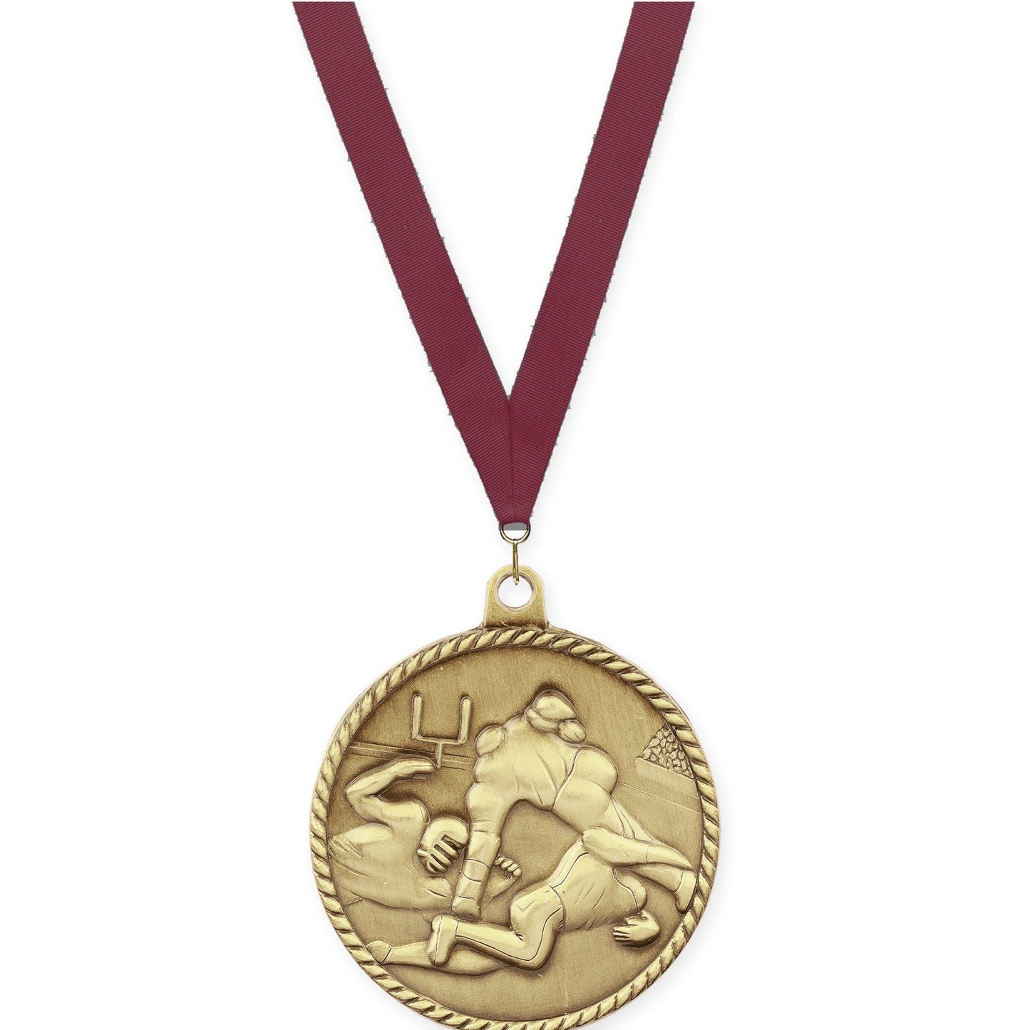 2 inch football High Relief medal in bright gold with Maroon neck ribbon