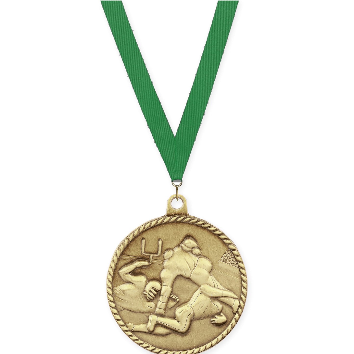 2 inch football High Relief medal in bright gold with Green neck ribbon