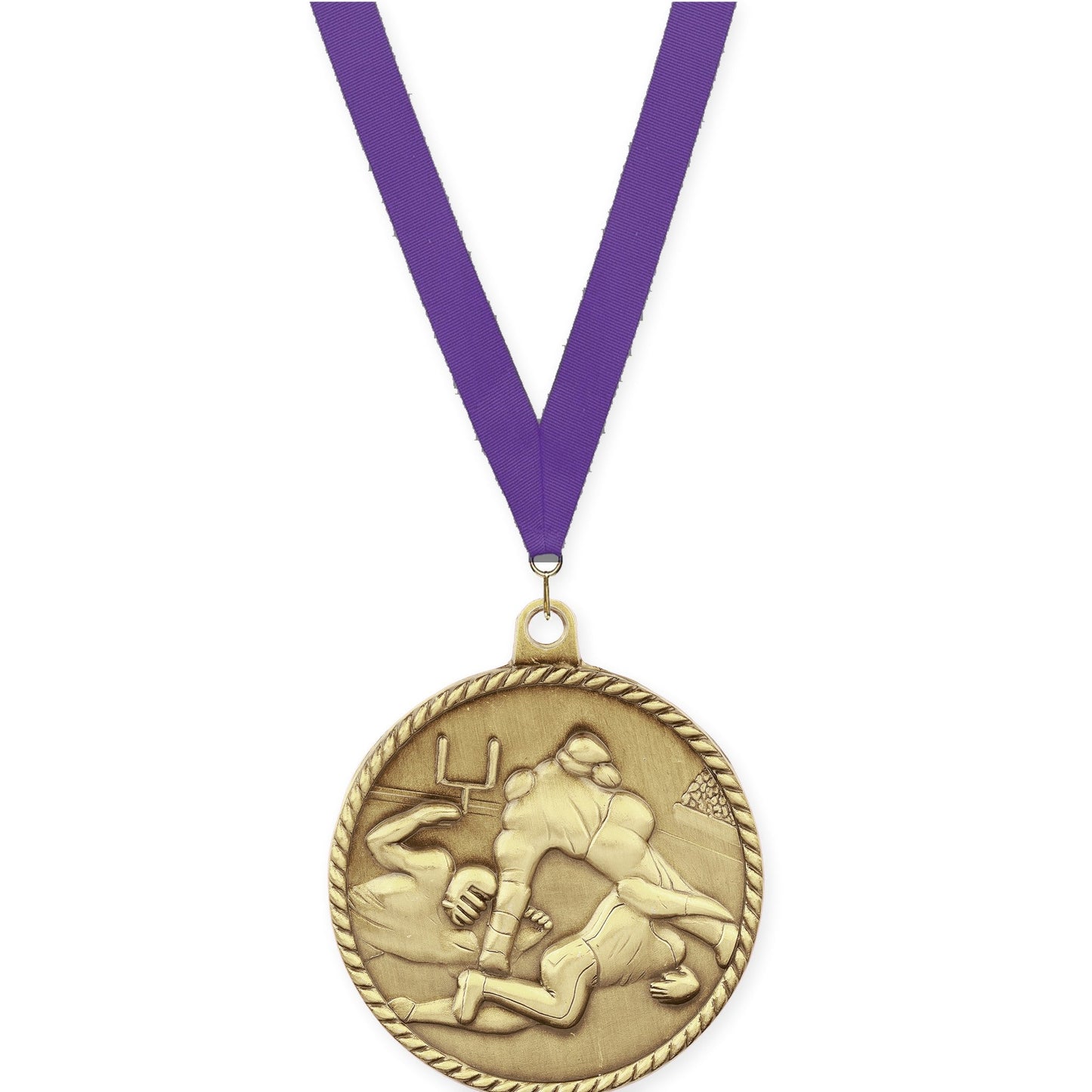2 inch football High Relief medal in bright gold with Purple neck ribbon
