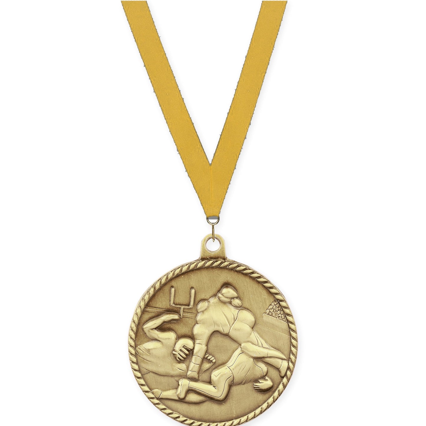 2 inch football High Relief medal in bright gold with Gold neck ribbon