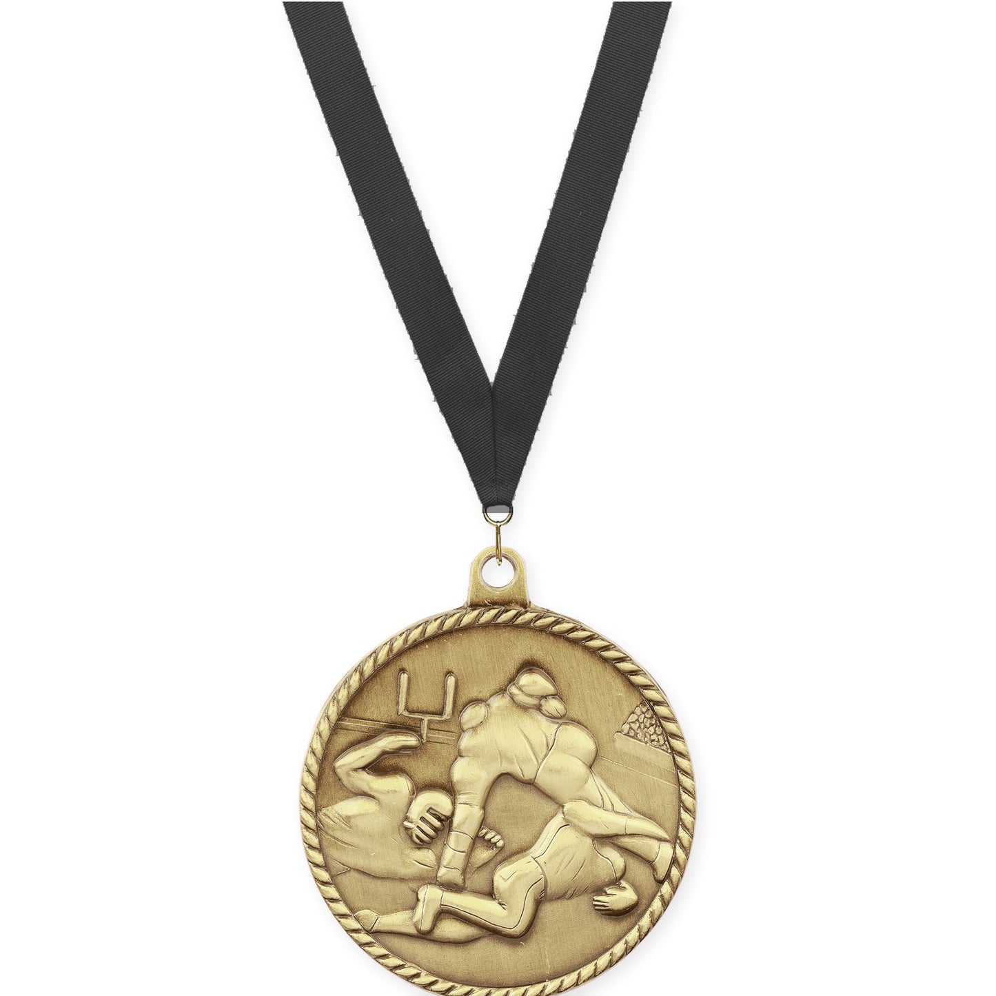 2 inch football High Relief medal in bright gold with Black neck ribbon