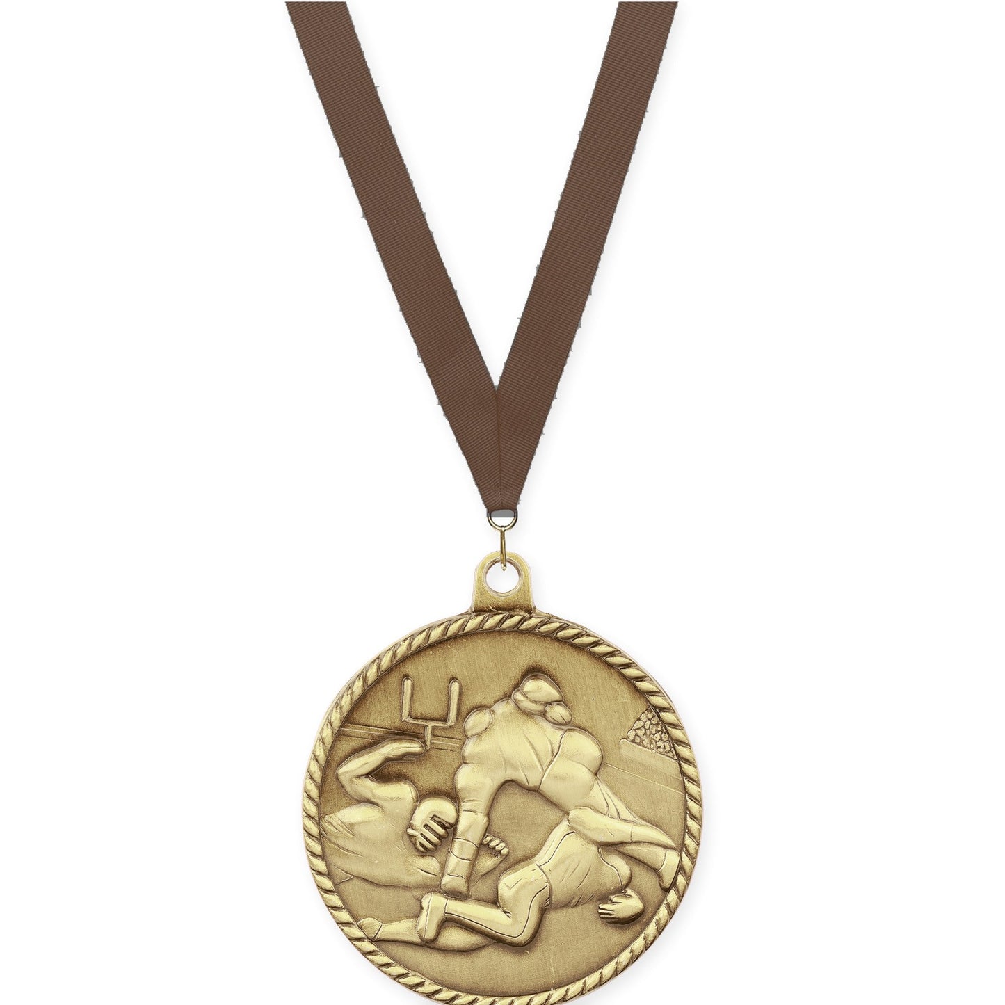 2 inch football High Relief medal in bright gold with Brown neck ribbon