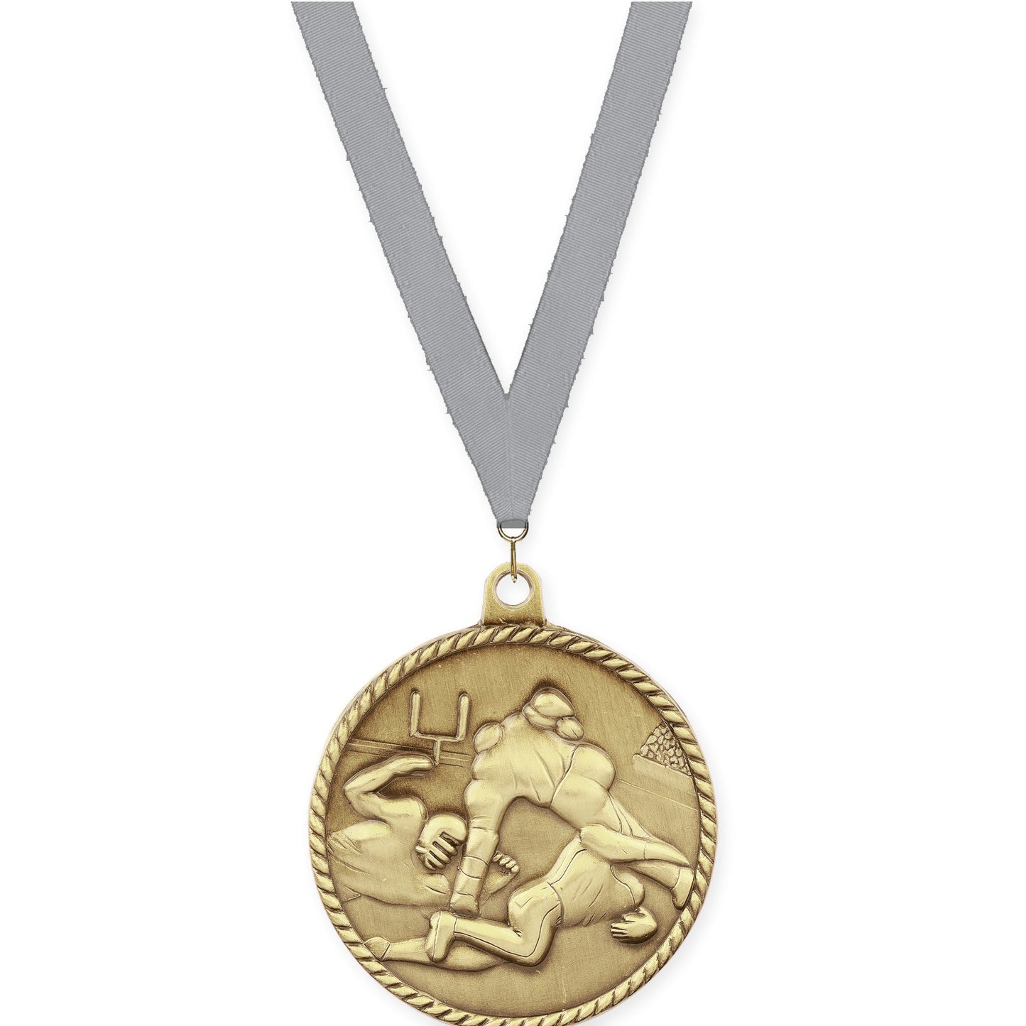 2 inch football High Relief medal in bright gold with Gray neck ribbon