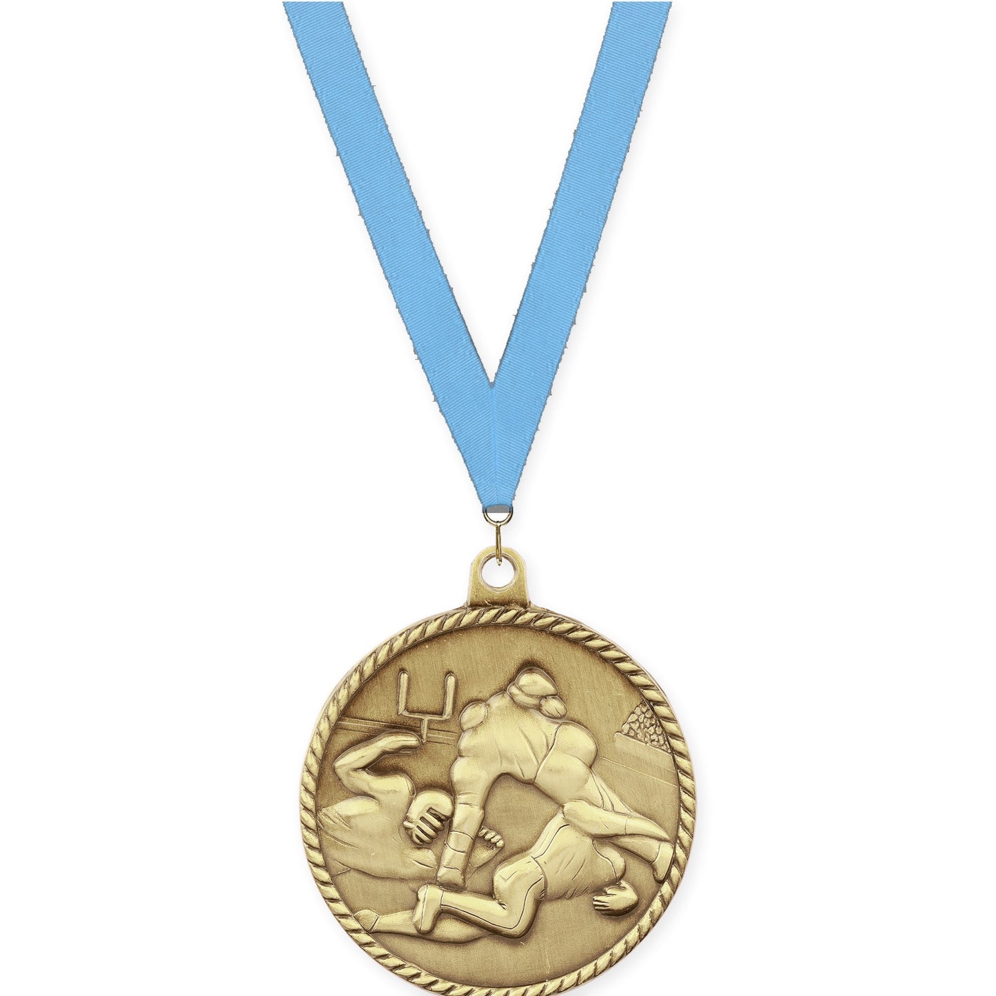 2 inch football High Relief medal in bright gold with Light Blue neck ribbon