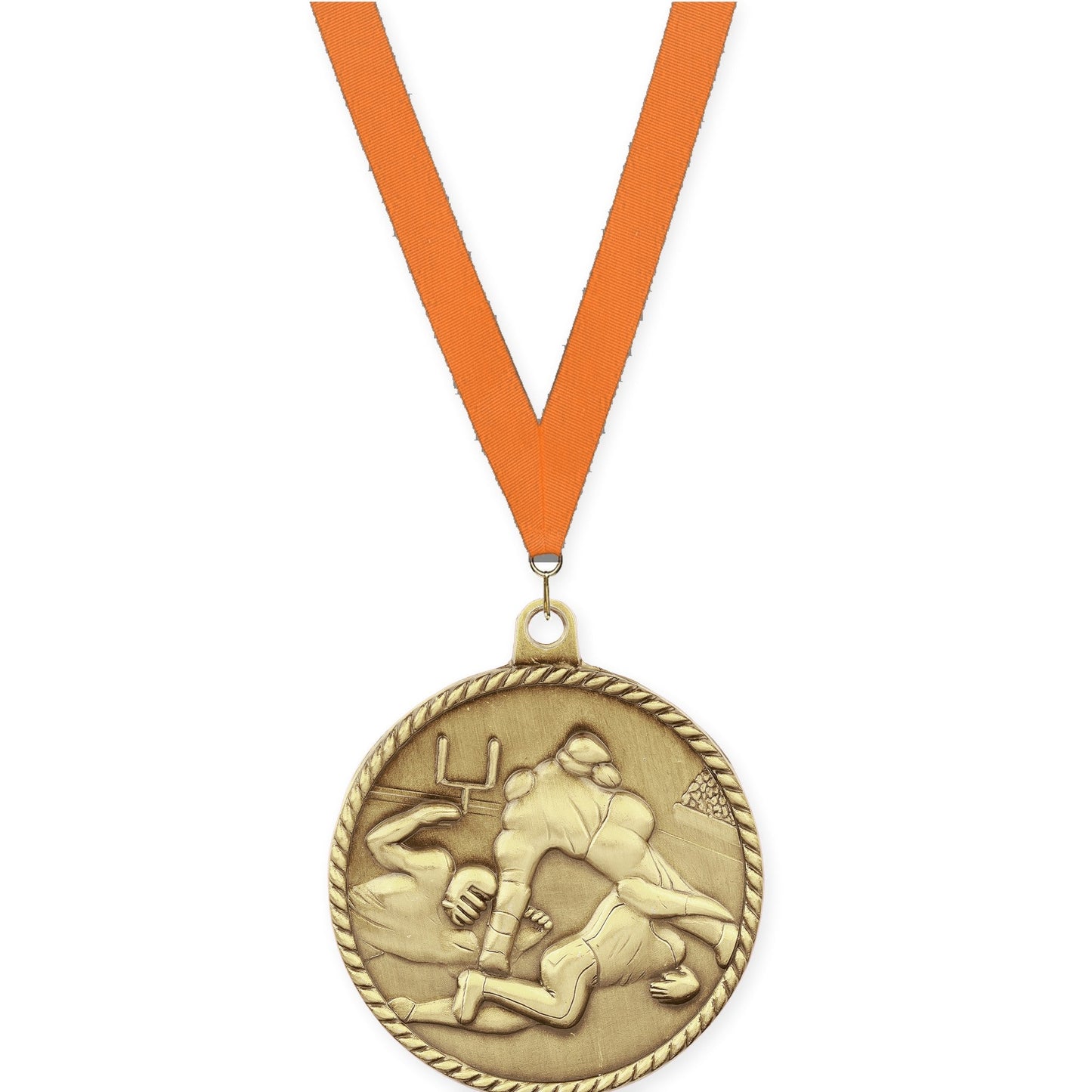 2 inch football High Relief medal in bright gold with Orange neck ribbon