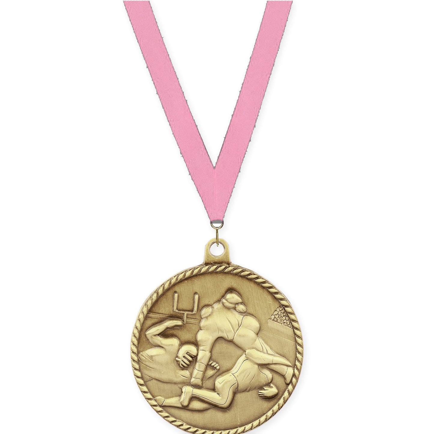 2 inch football High Relief medal in bright gold with Pink neck ribbon