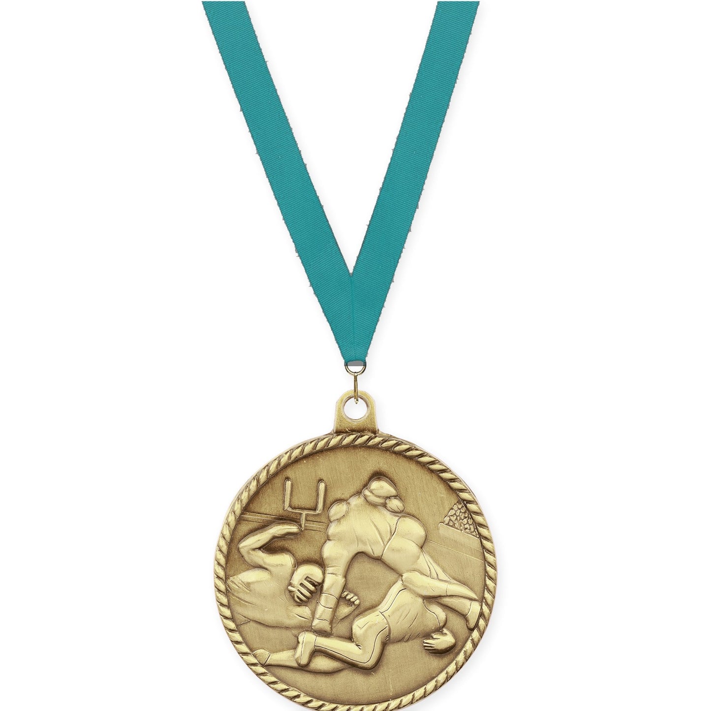 2 inch football High Relief medal in bright gold with Teal neck ribbon