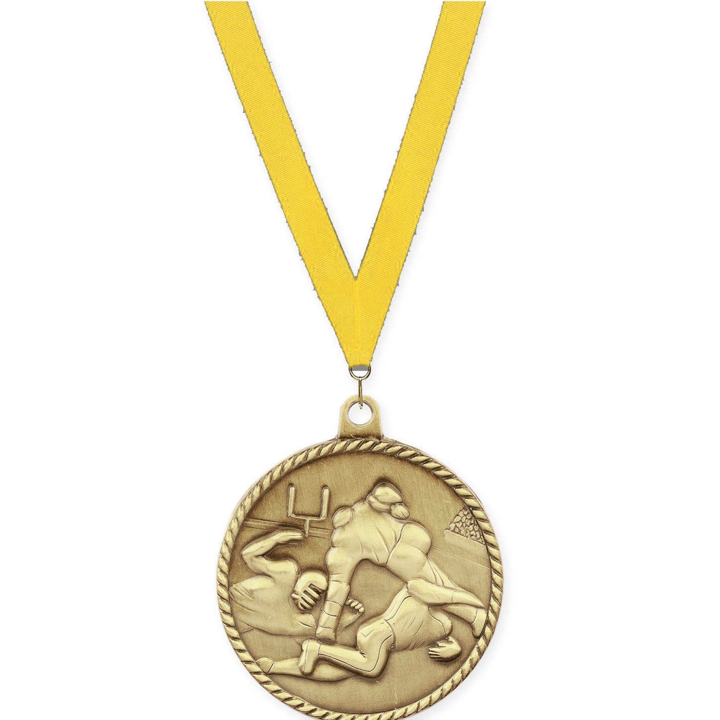 2 inch football High Relief medal in bright gold with Yellow neck ribbon