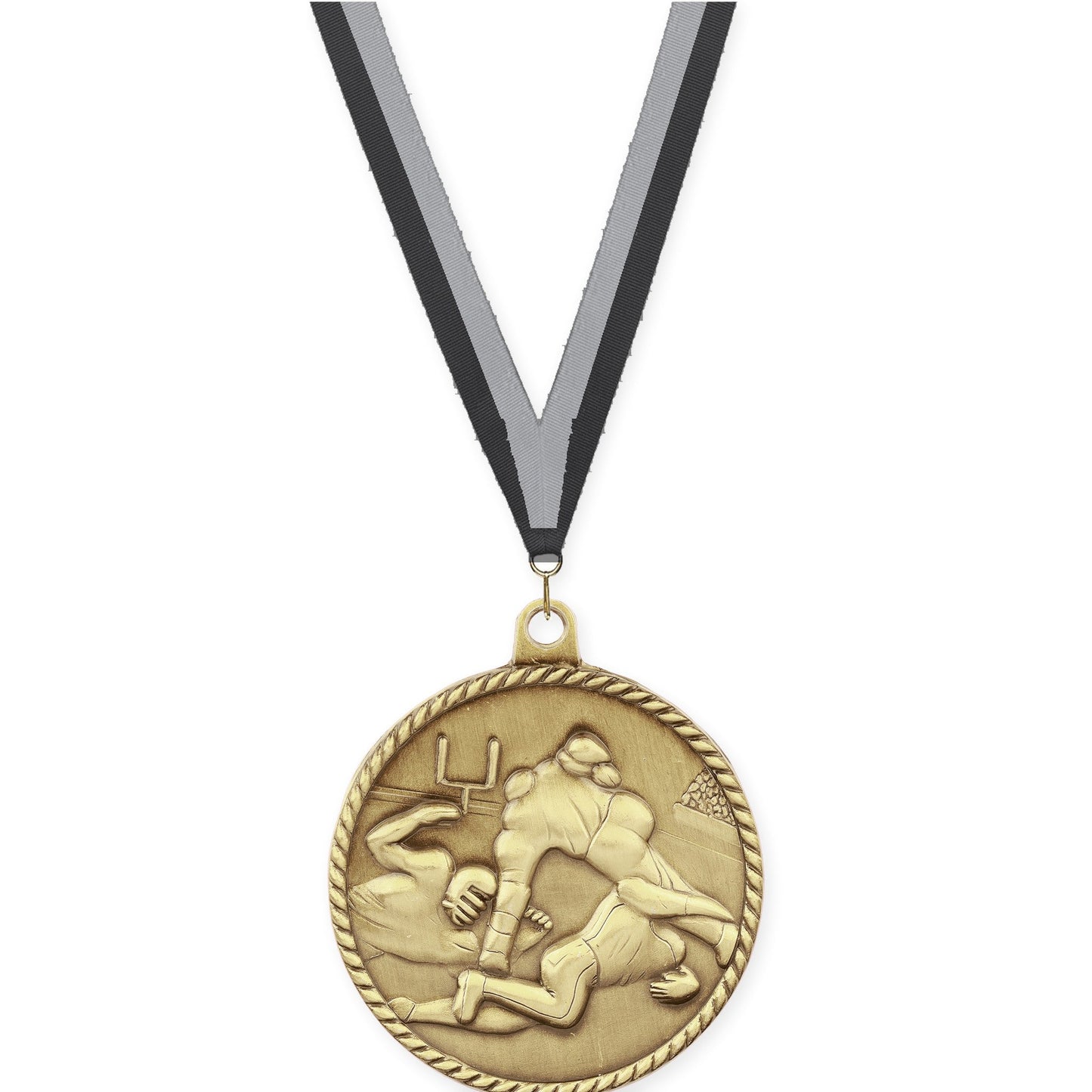 2 inch football High Relief medal in bright gold with Black Gray neck ribbon