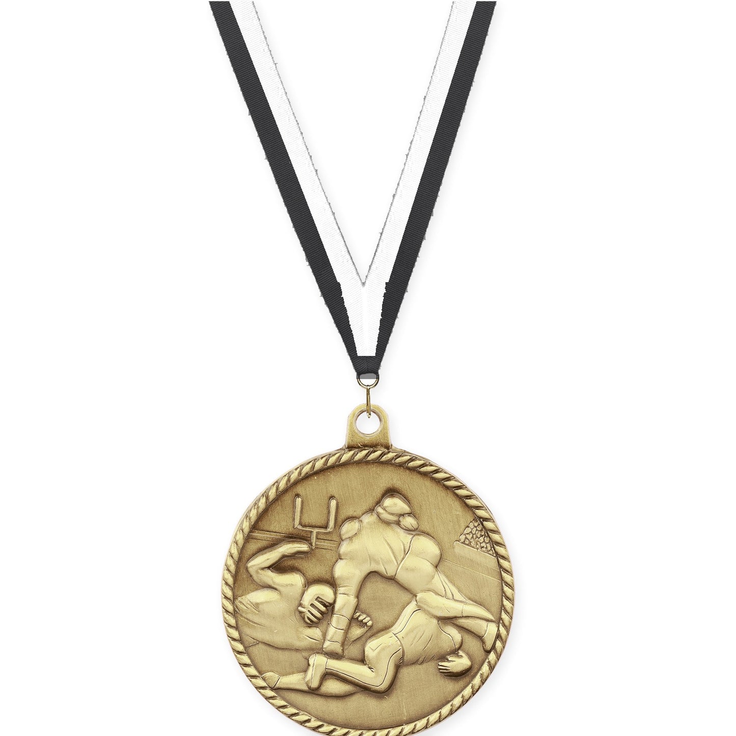 2 inch football High Relief medal in bright gold with Black White neck ribbon