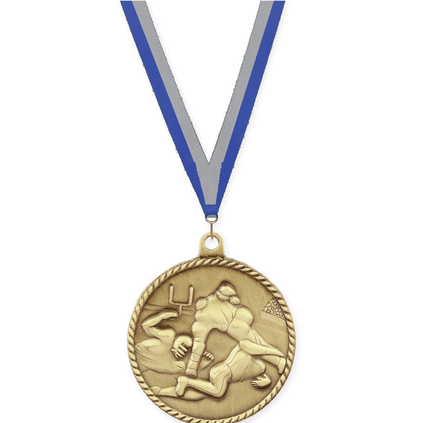 2 inch football High Relief medal in bright gold with Blue Gray neck ribbon