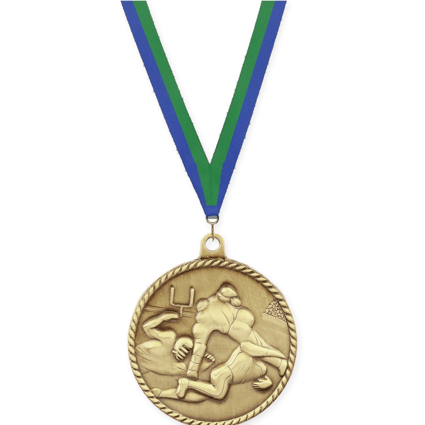 2 inch football High Relief medal in bright gold with Blue Green neck ribbon