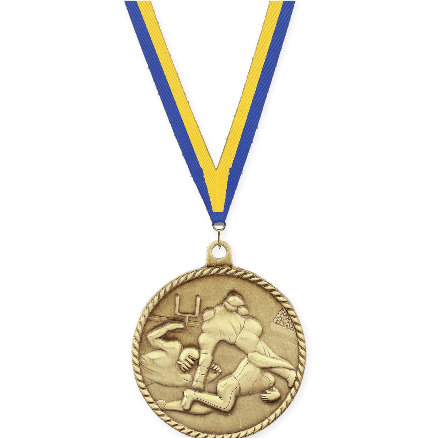 2 inch football High Relief medal in bright gold with Blue Yellow neck ribbon
