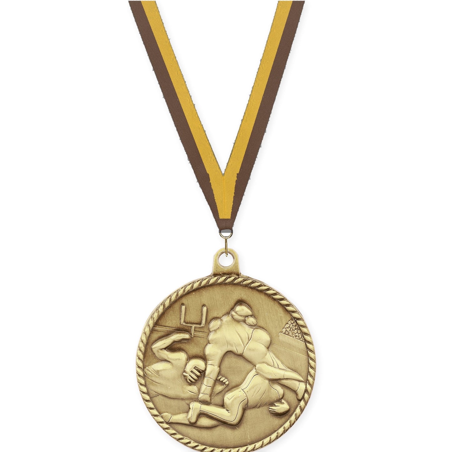 2 inch football High Relief medal in bright gold with Brown Gold neck ribbon