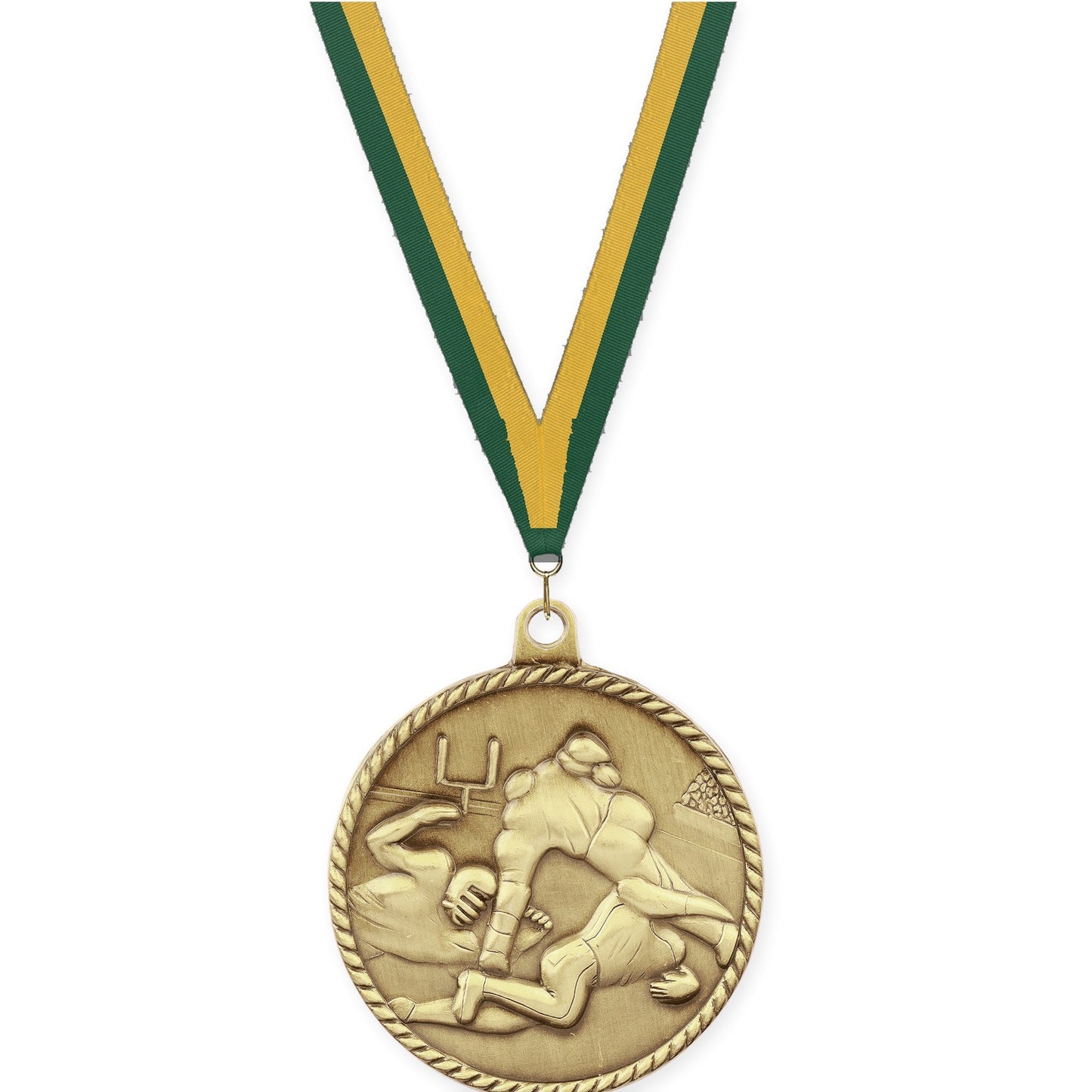 2 inch football High Relief medal in bright gold with Hunter Green Gold neck ribbon
