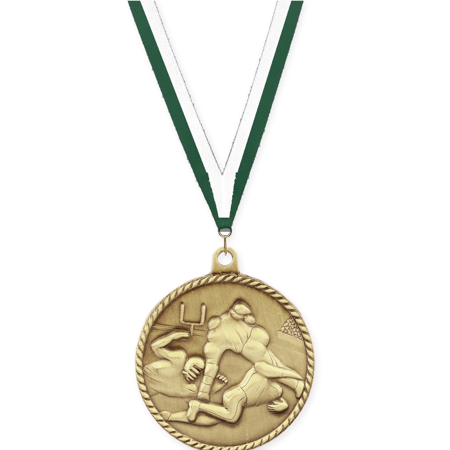 2 inch football High Relief medal in bright gold with Hunter Green White neck ribbon