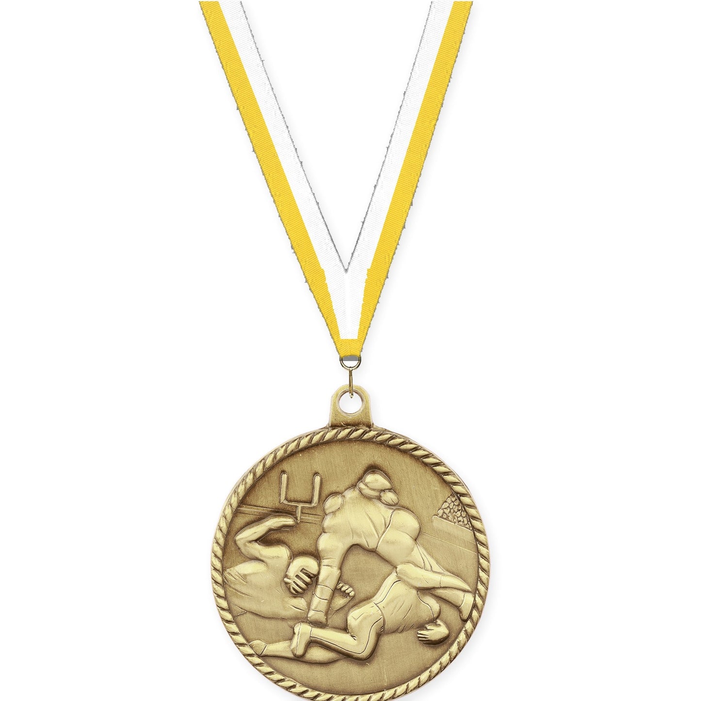2 inch football High Relief medal in bright gold with Yellow White neck ribbon